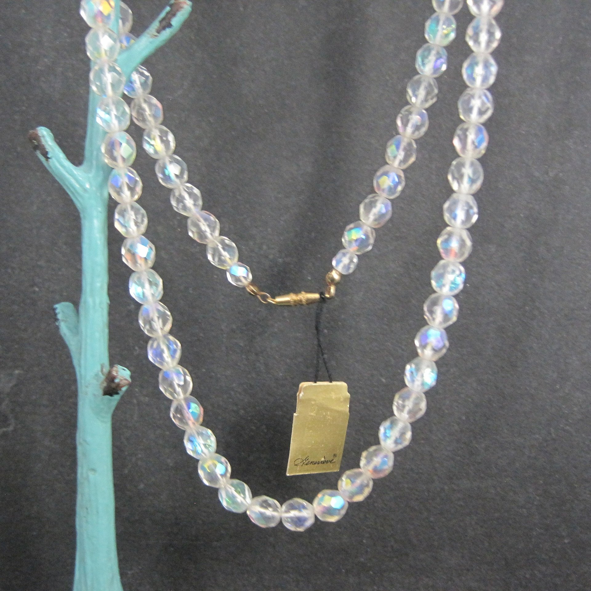 Vintage Aurora Borealis Crystal Bead Necklace 25.5 Inches New Old Stock with Original Tag