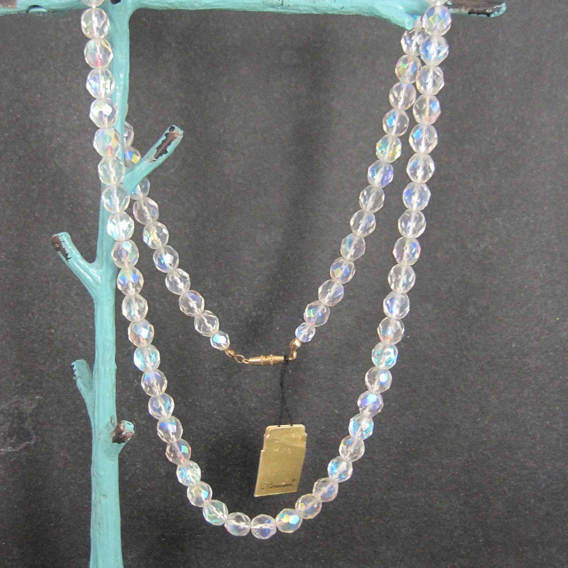 Vintage Aurora Borealis Crystal Bead Necklace 25.5 Inches New Old Stock with Original Tag