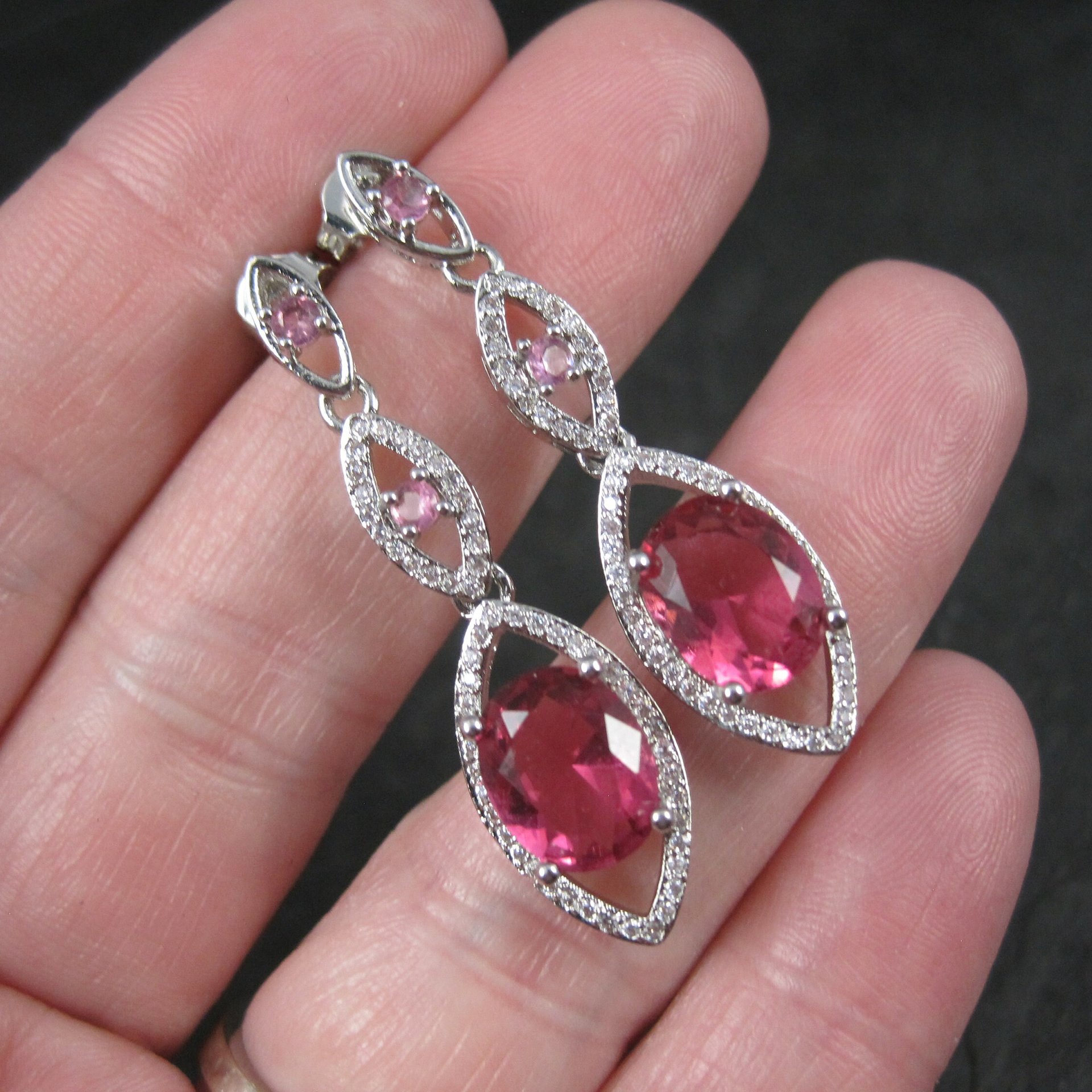 Long Vintage Sterling Pink Cubic Zirconia Earrings