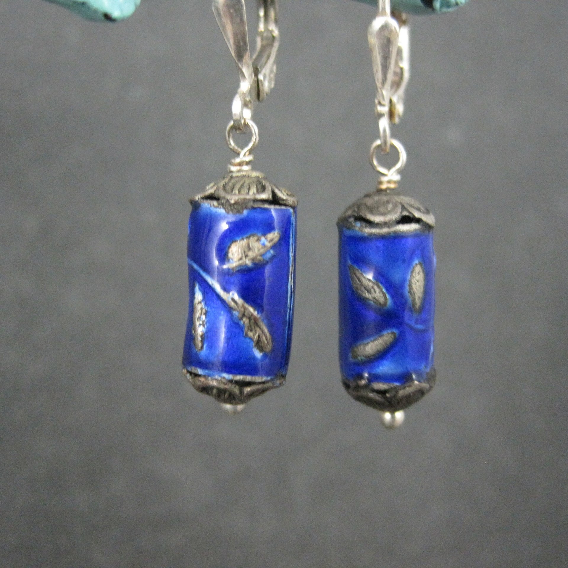 Vintage Sterling Blue Enamel Flower Earrings Lever Back