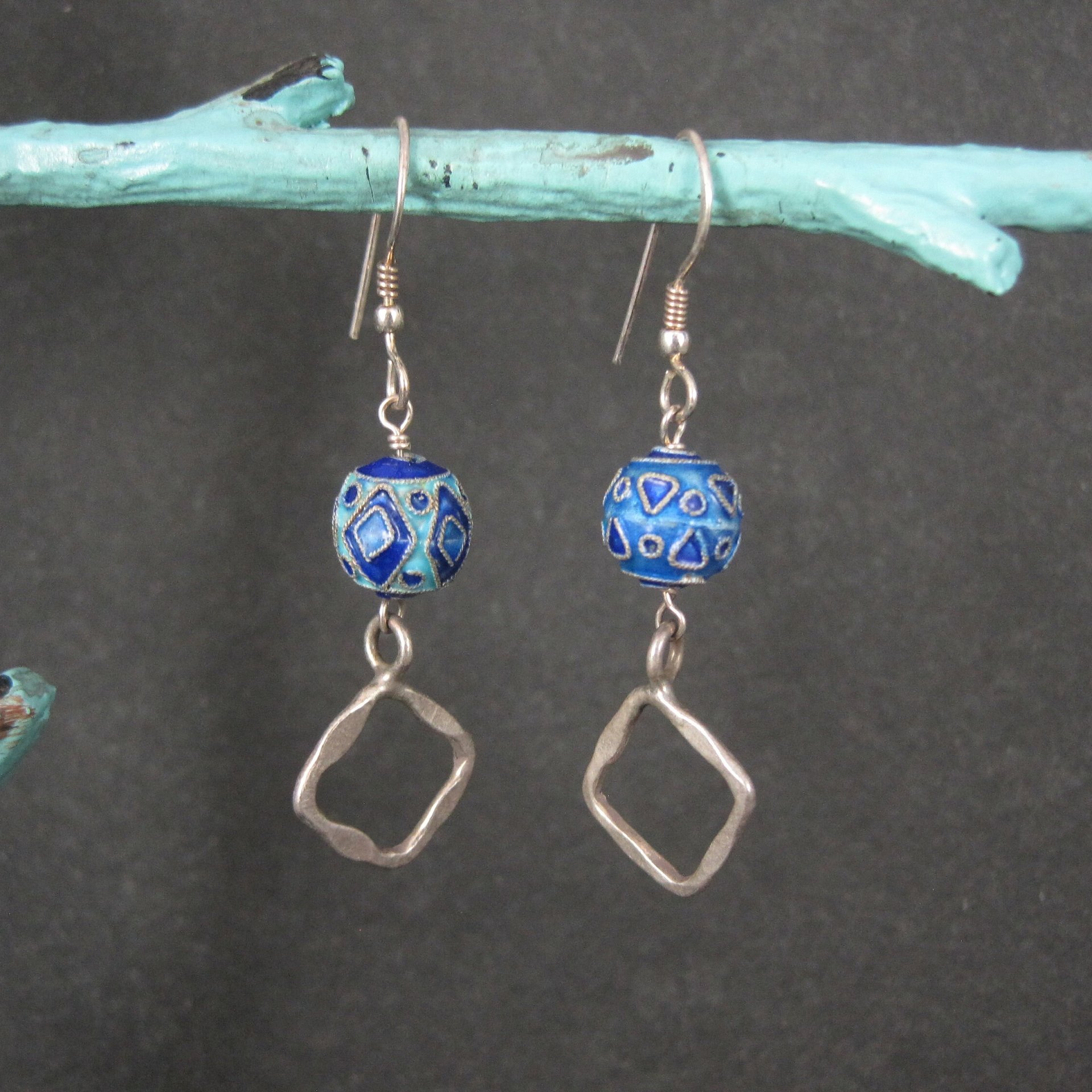 Long Sterling Blue Enamel Bead Earrings