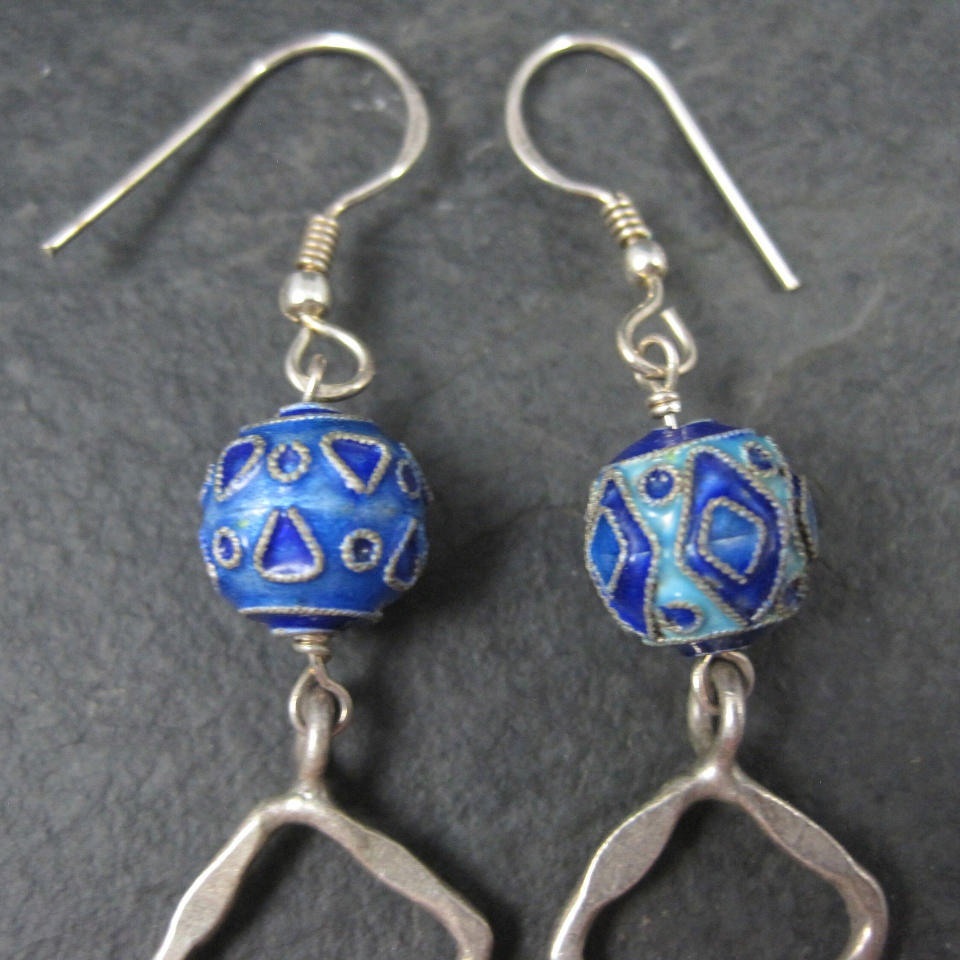 Long Sterling Blue Enamel Bead Earrings