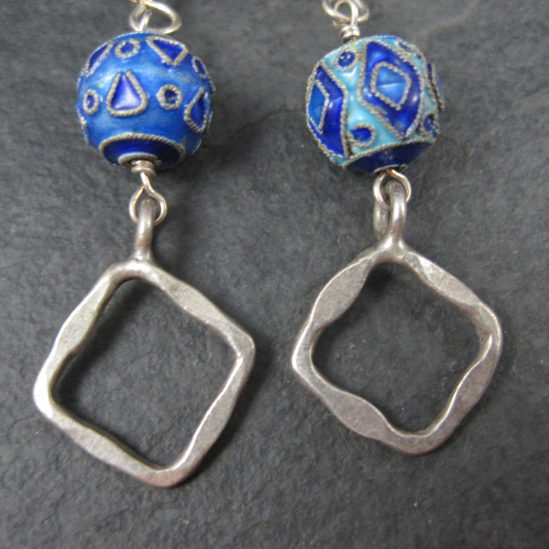 Long Sterling Blue Enamel Bead Earrings