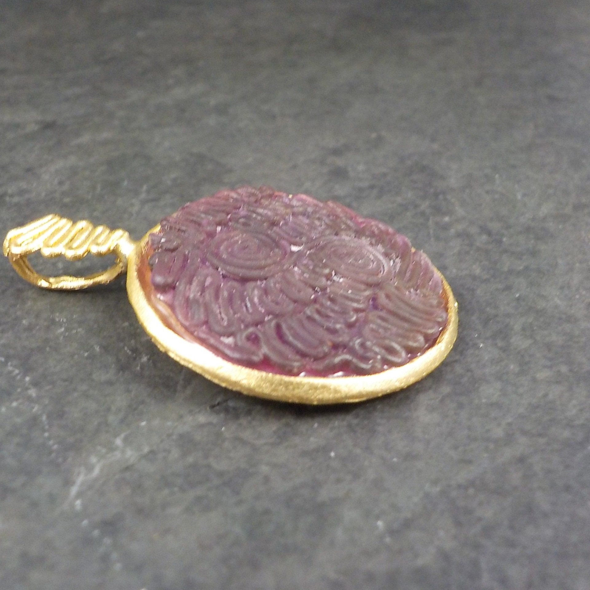 Bronze Carved Purple Sea Glass Pendant