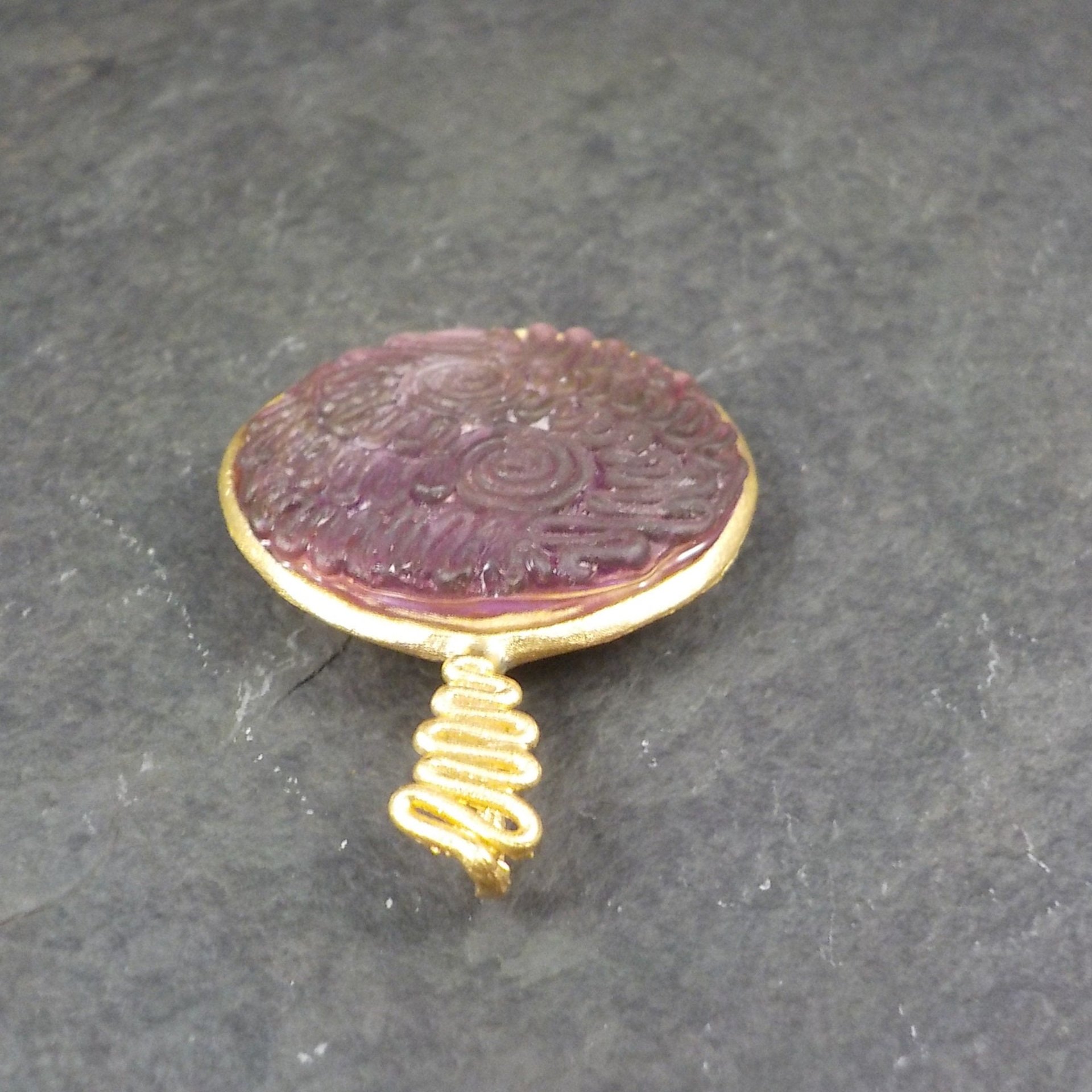 Bronze Carved Purple Sea Glass Pendant