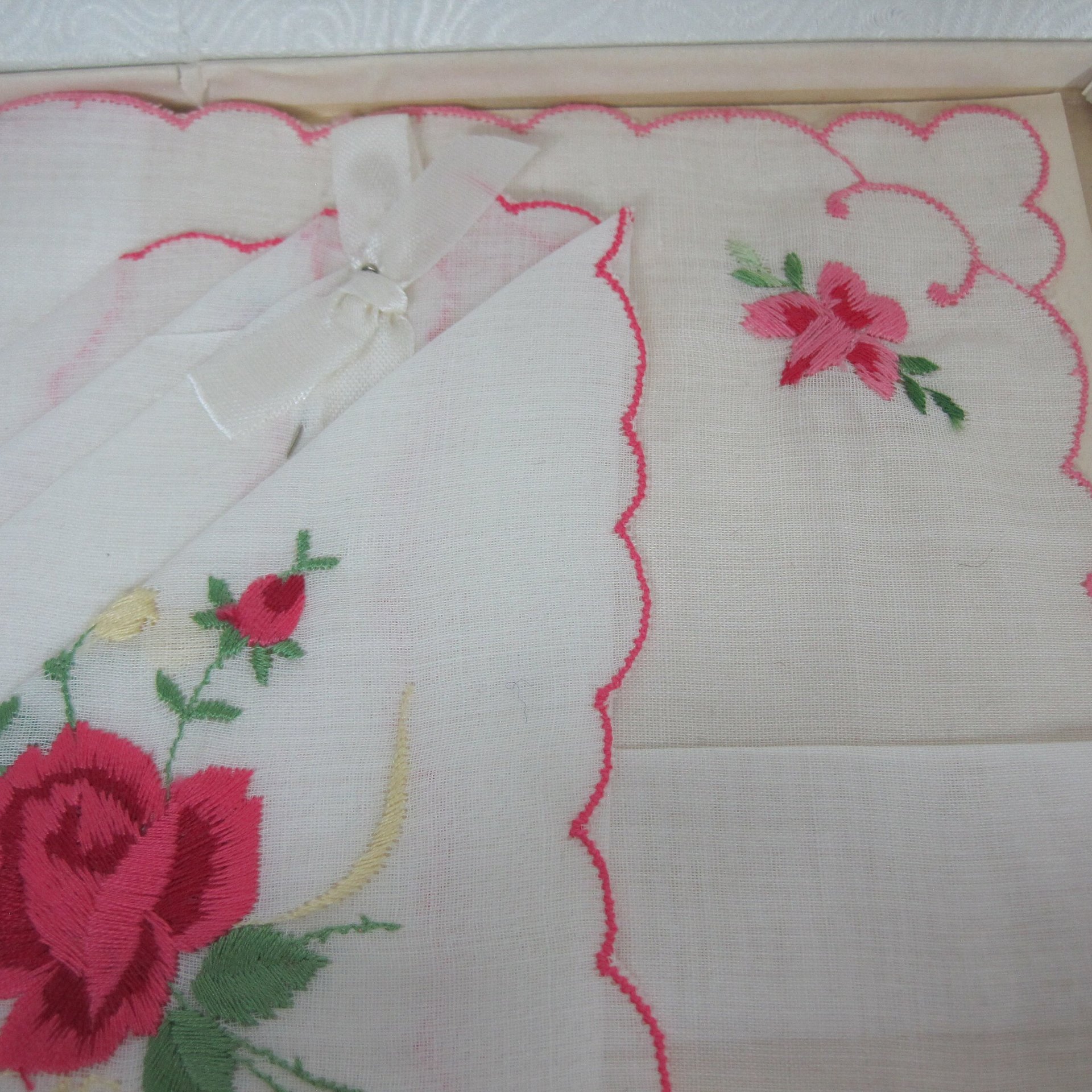 Vintage Embroidered Rose Hankies Set of 2 Cotton Desco Original Box Gift Set