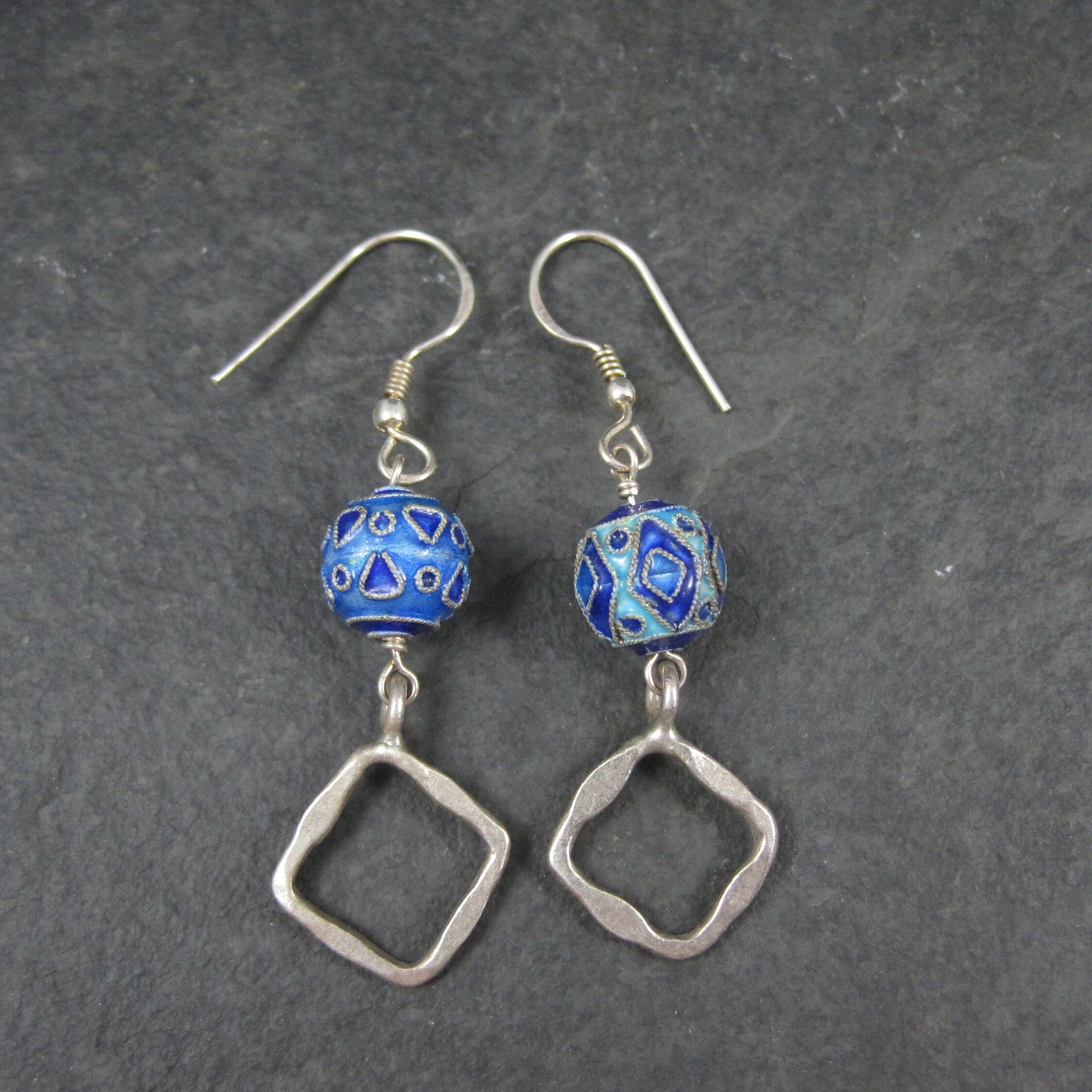 Long Sterling Blue Enamel Bead Earrings