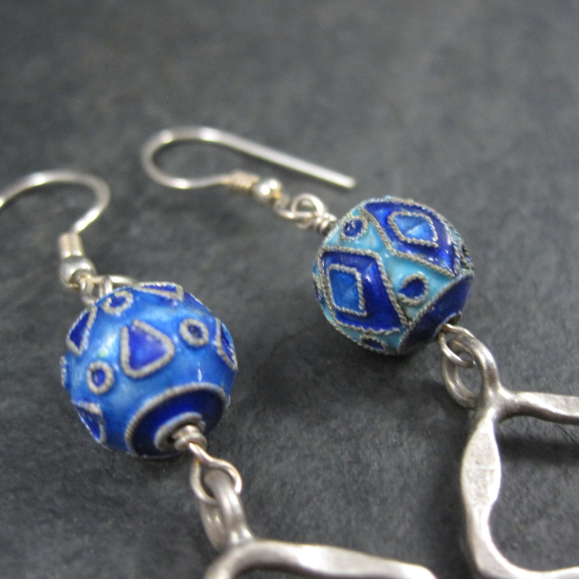 Long Sterling Blue Enamel Bead Earrings