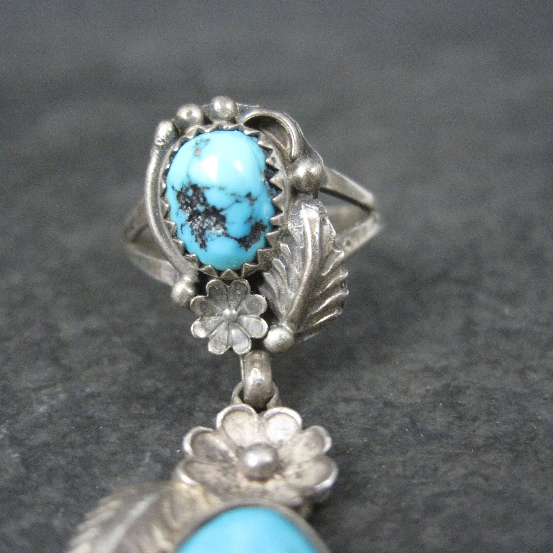 Unusual Southwestern Sterling Turquoise Charm Ring Size 7