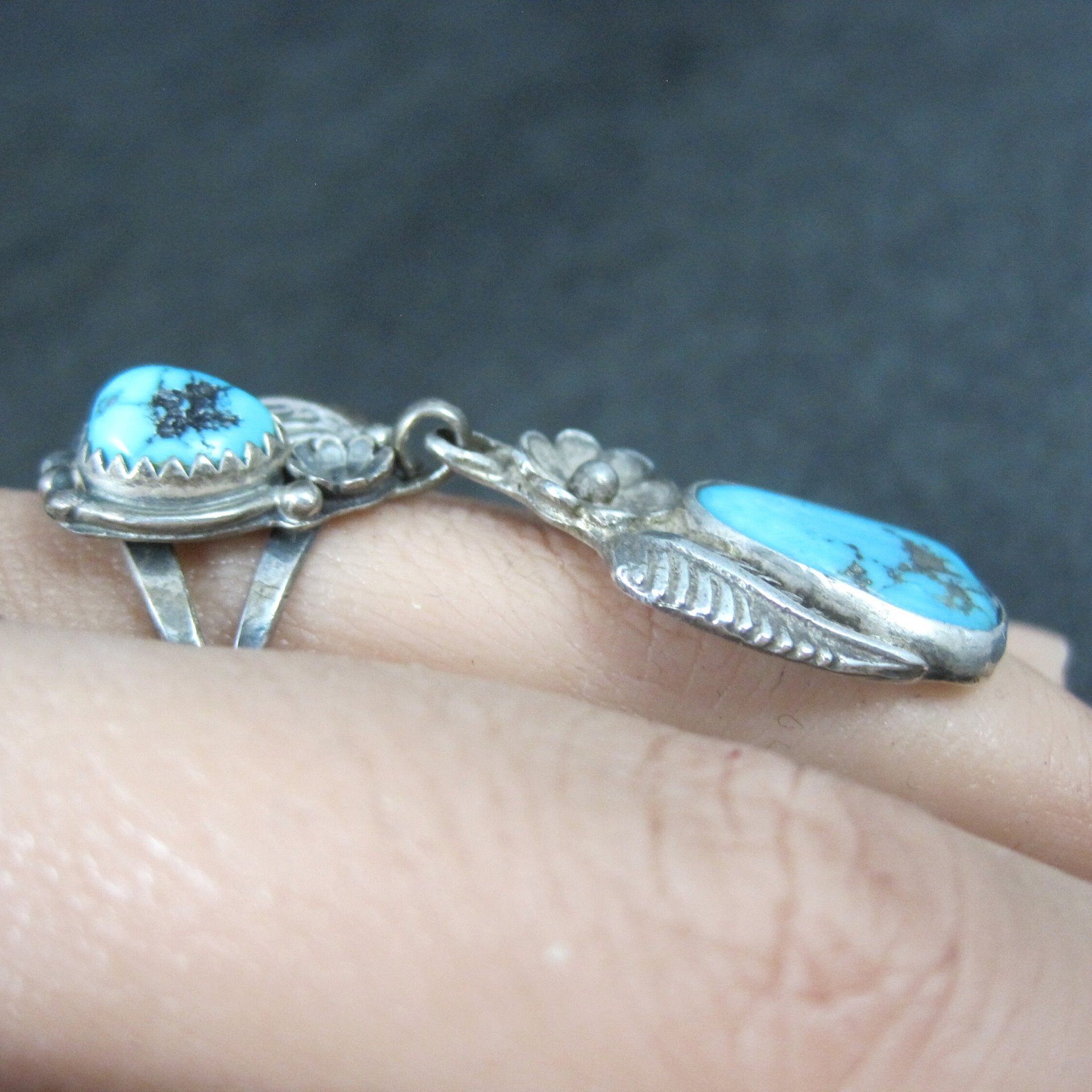 Unusual Southwestern Sterling Turquoise Charm Ring Size 7