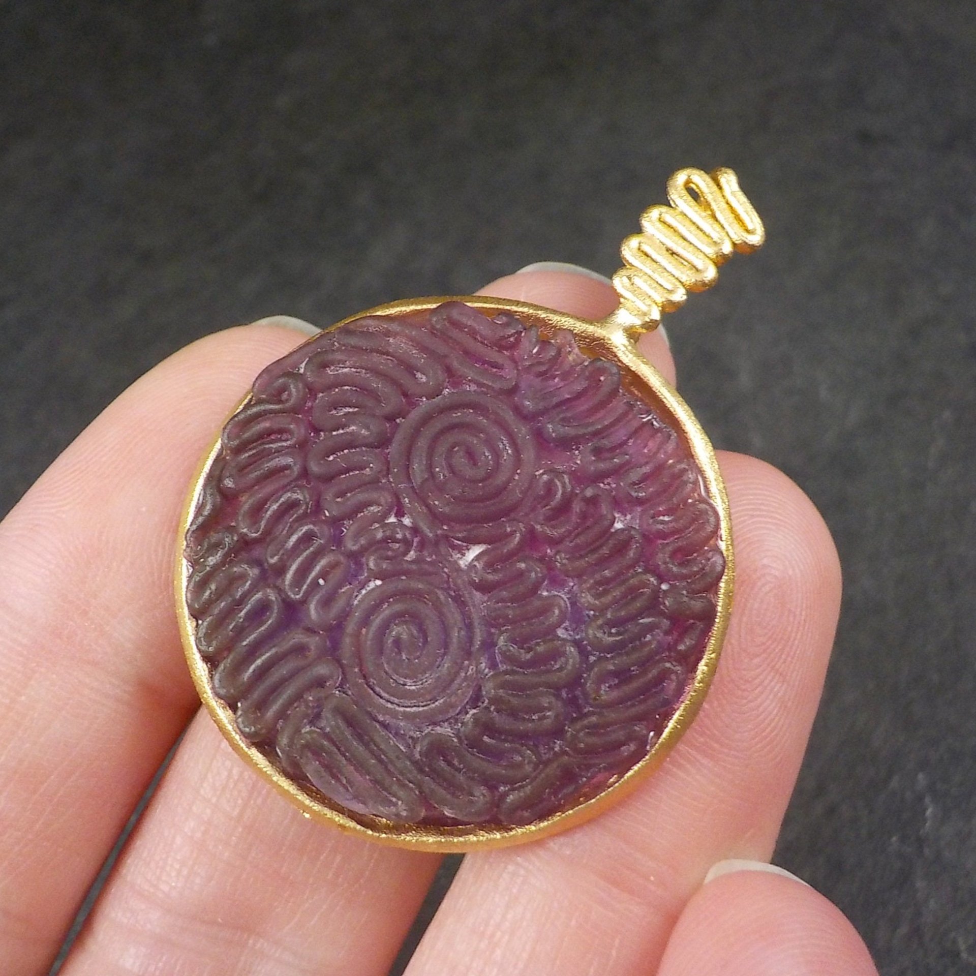 Bronze Carved Purple Sea Glass Pendant