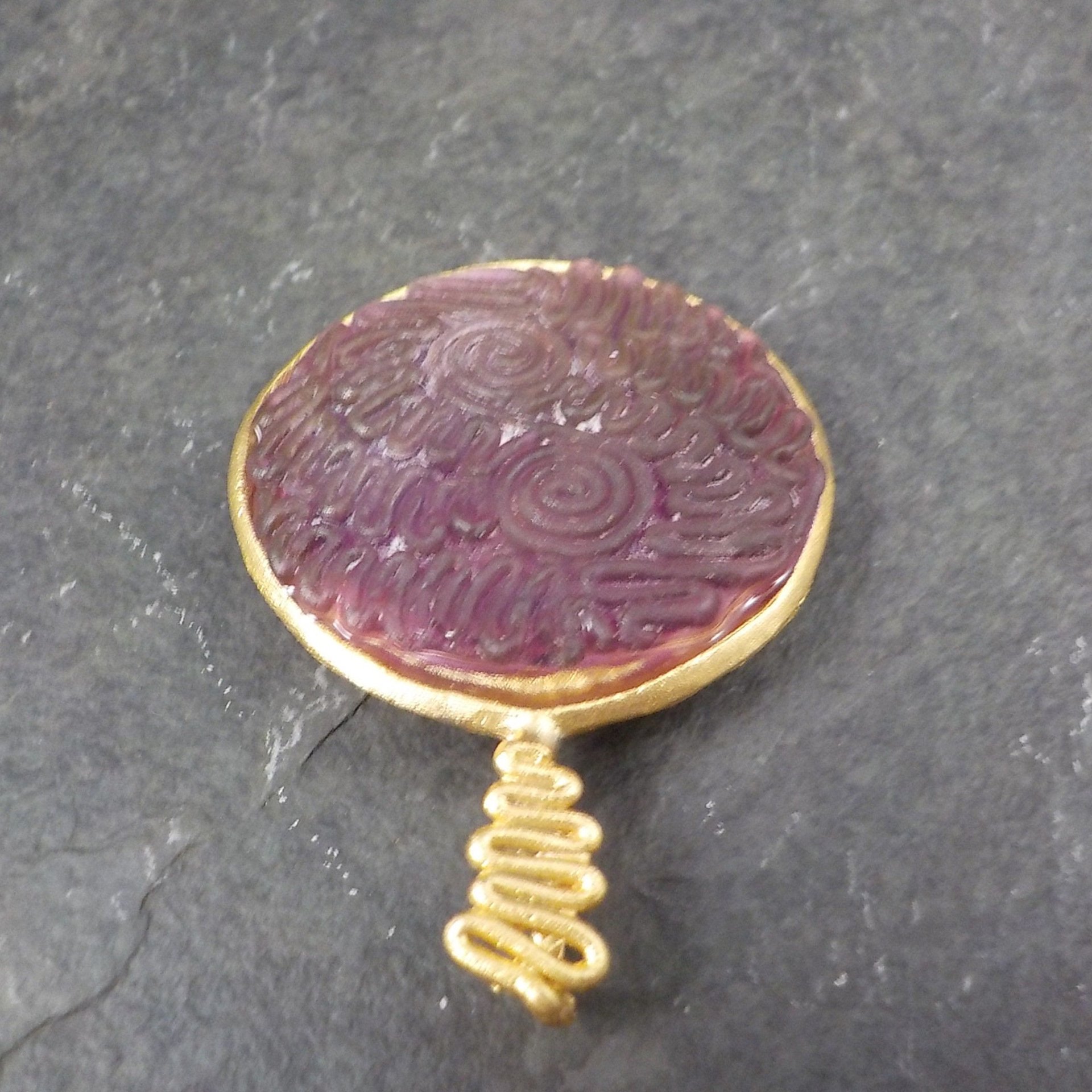Bronze Carved Purple Sea Glass Pendant