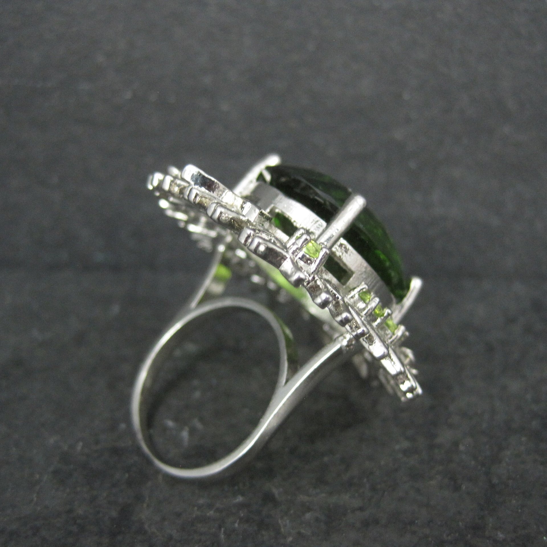 Huge Sterling Silver Floral Nature Ring Size 8 Green Cz