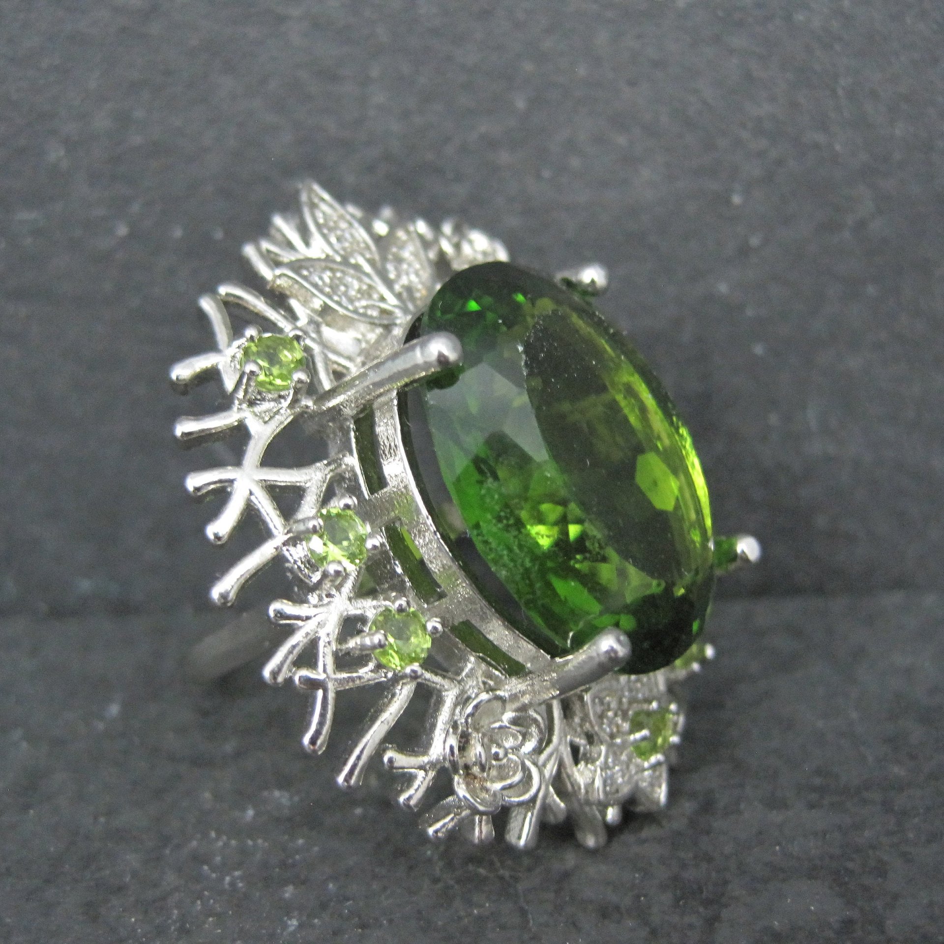 Huge Sterling Silver Floral Nature Ring Size 8 Green Cz