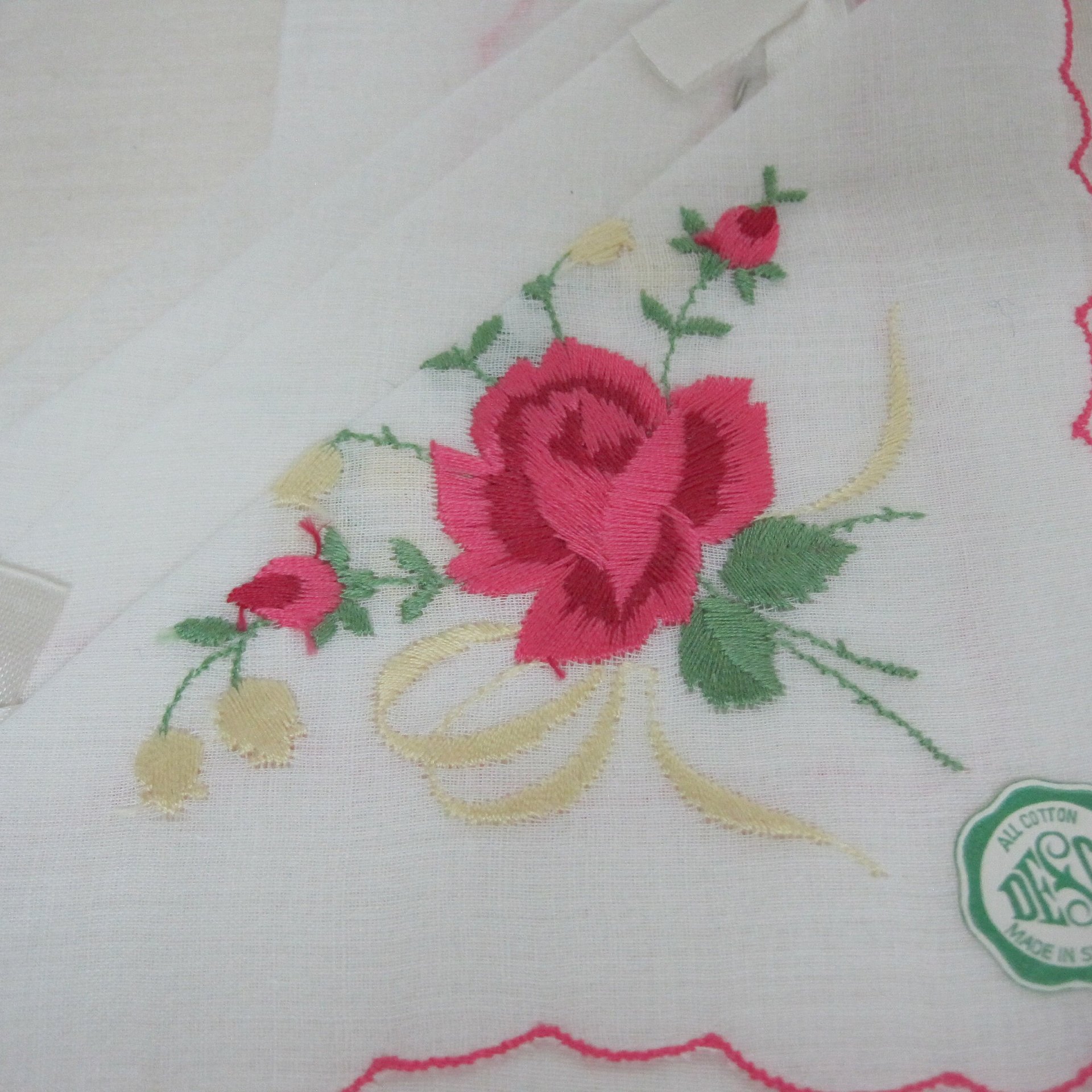 Vintage Embroidered Rose Hankies Set of 2 Cotton Desco Original Box Gift Set