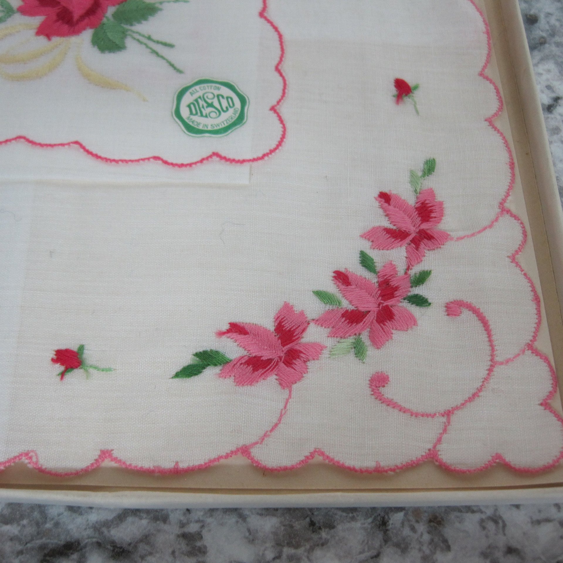 Vintage Embroidered Rose Hankies Set of 2 Cotton Desco Original Box Gift Set