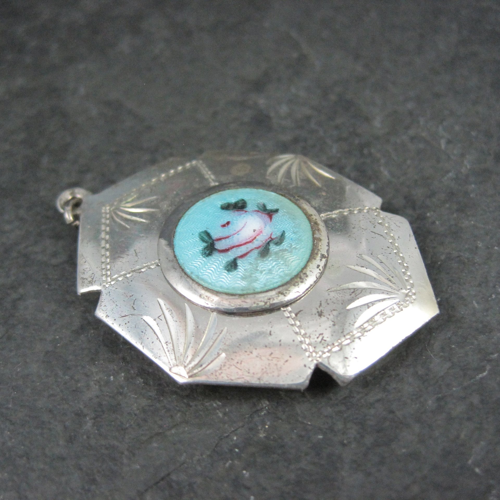 Vintage Sterling Blue Guilloche Enamel Rose Locket Pendant