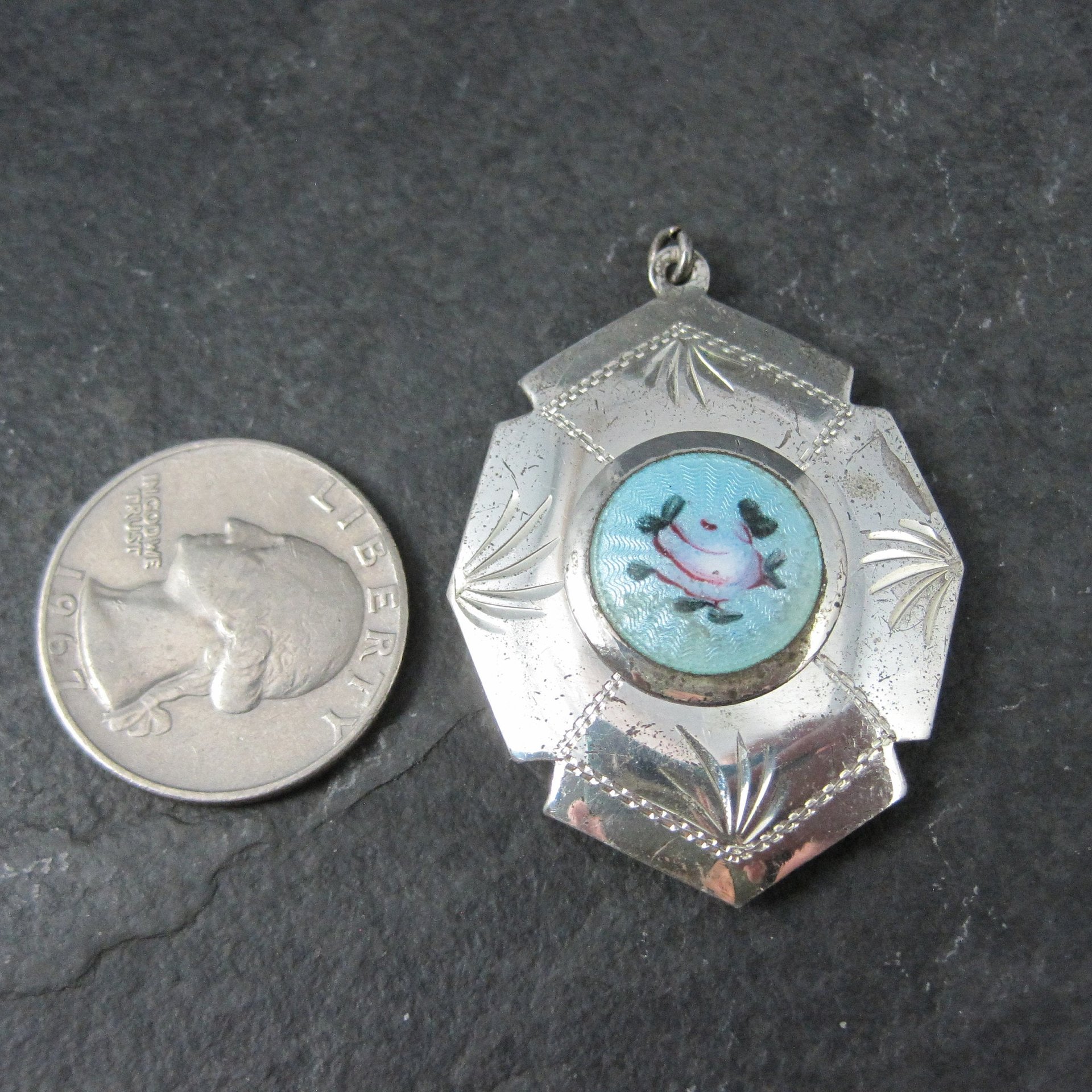Vintage Sterling Blue Guilloche Enamel Rose Locket Pendant