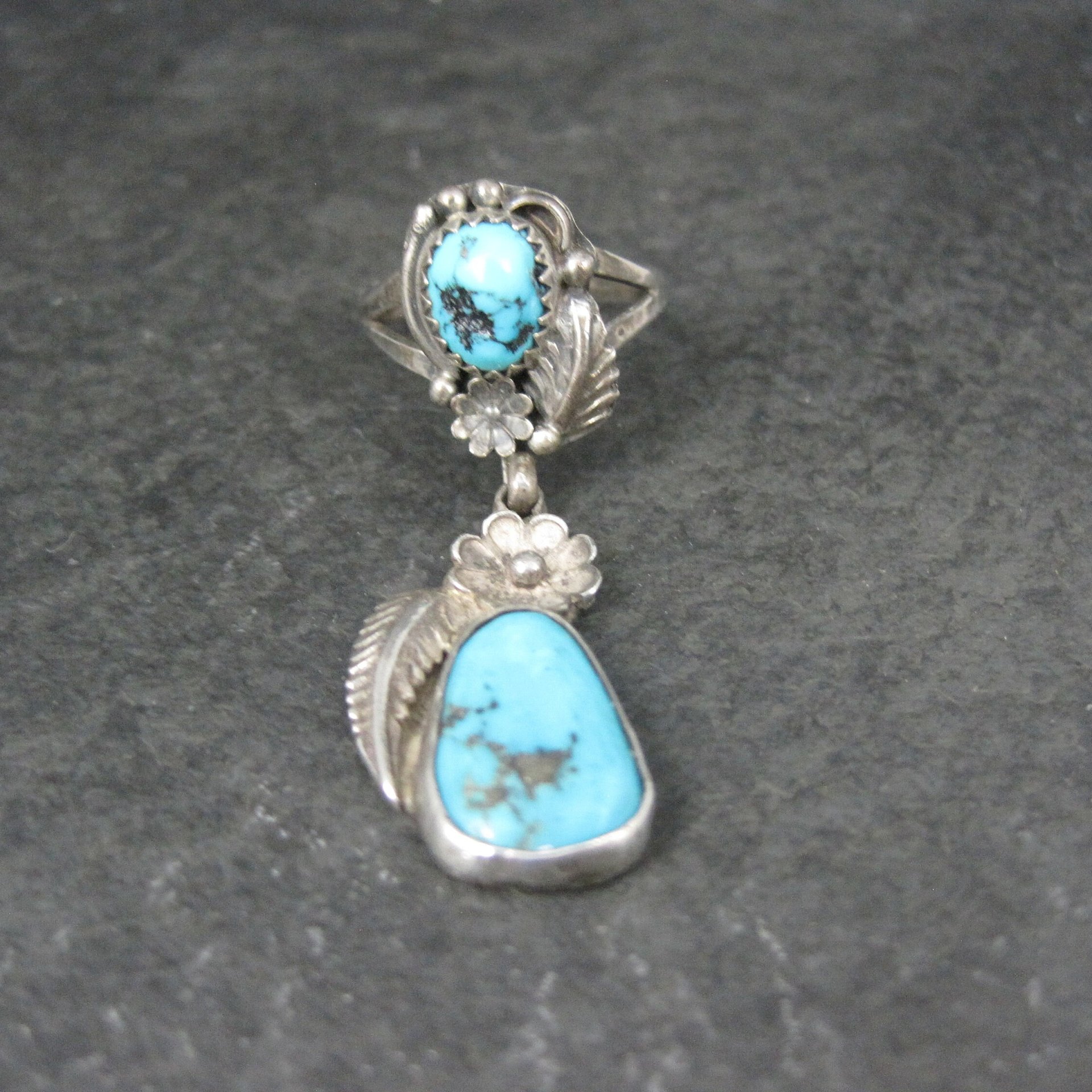 Unusual Southwestern Sterling Turquoise Charm Ring Size 7