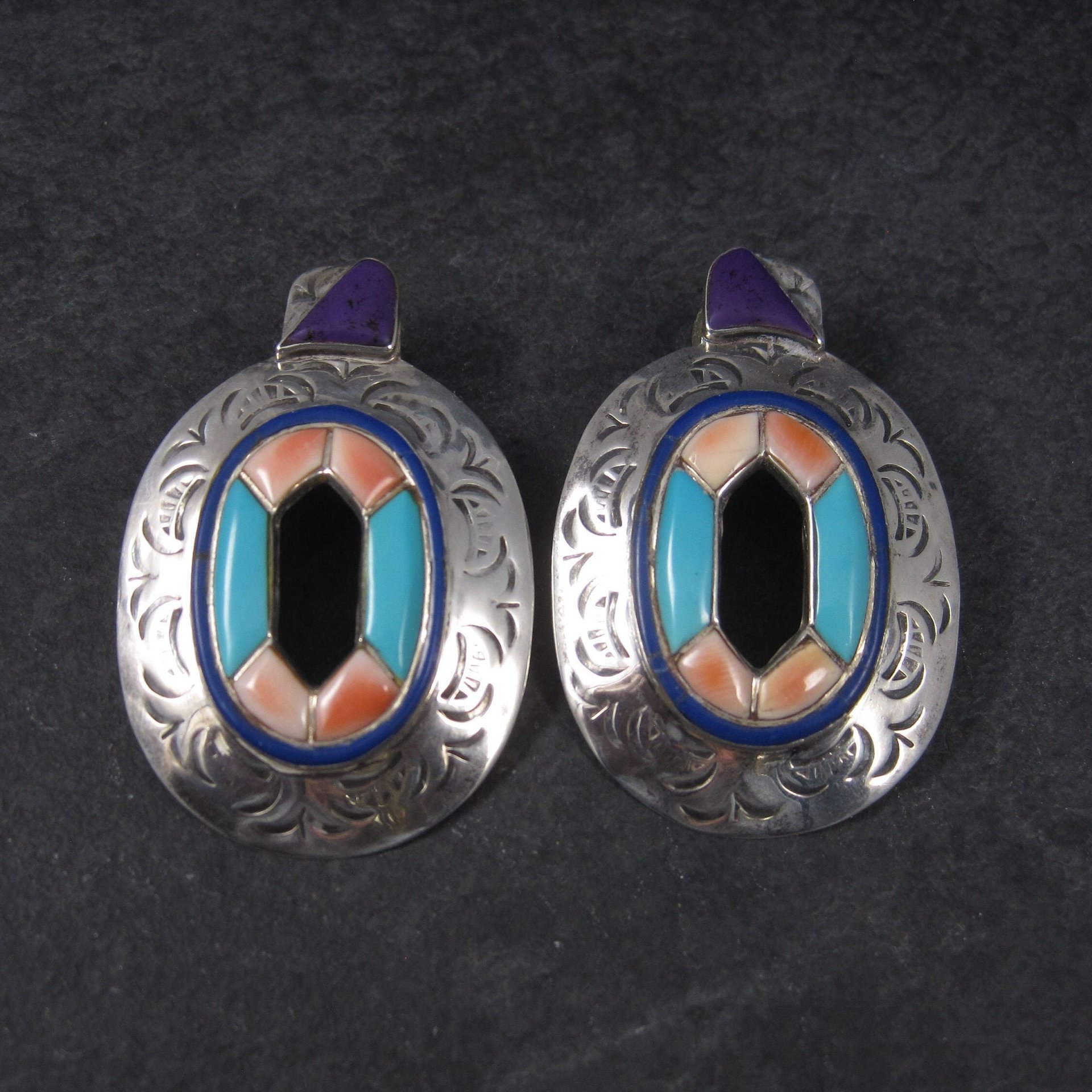 Large Vintage Southwestern Earrings with Turquoise Sugilite and Spiny Oyster Inlay | Bold Sterling Silver Statement Jewelry