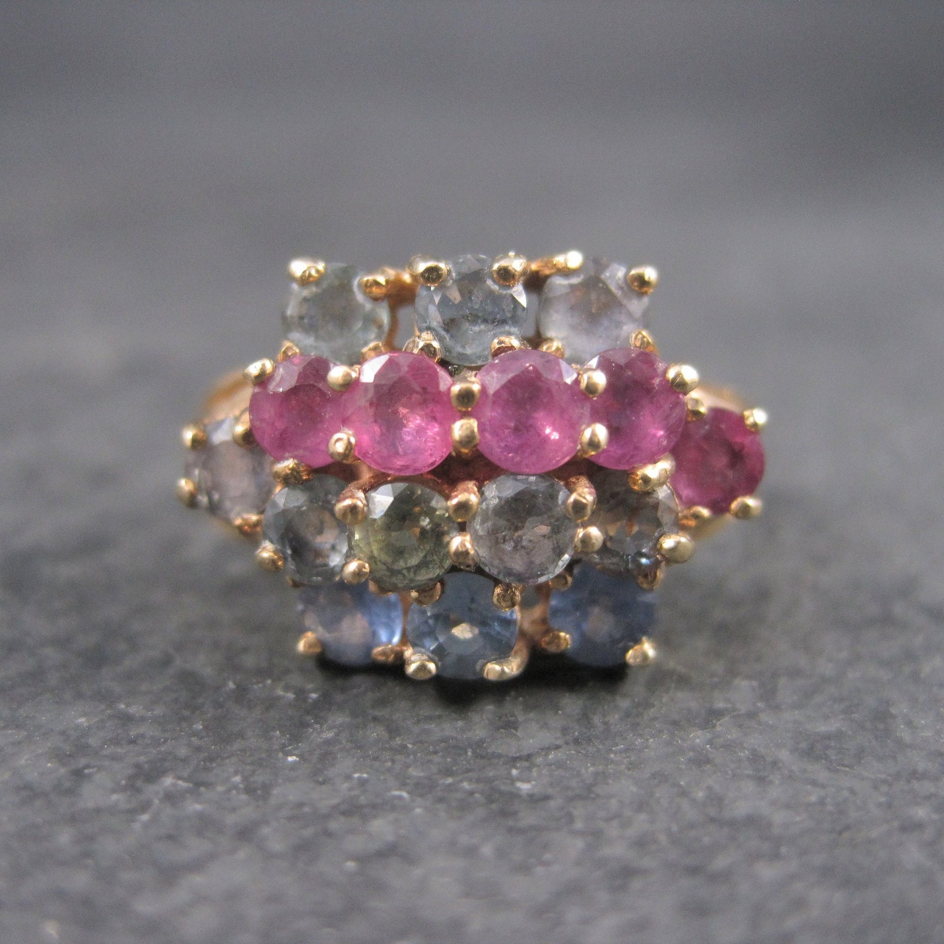 Unusual Vintage 10K Ruby Spinel Topaz Cluster Ring Size 7