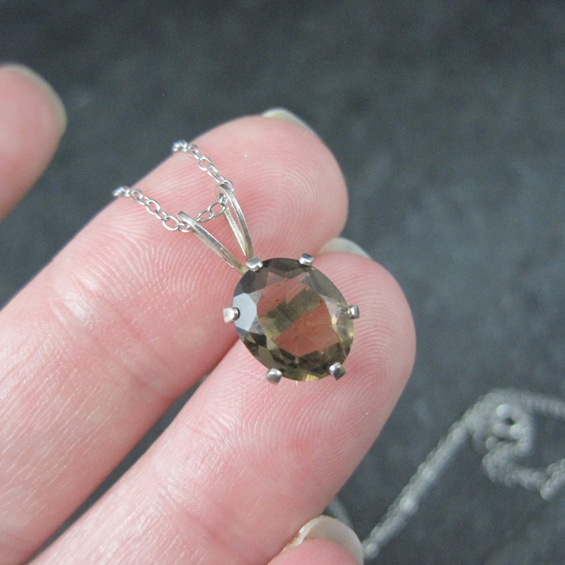 Vintage Sterling Smoky Quartz Solitaire Pendant Necklace