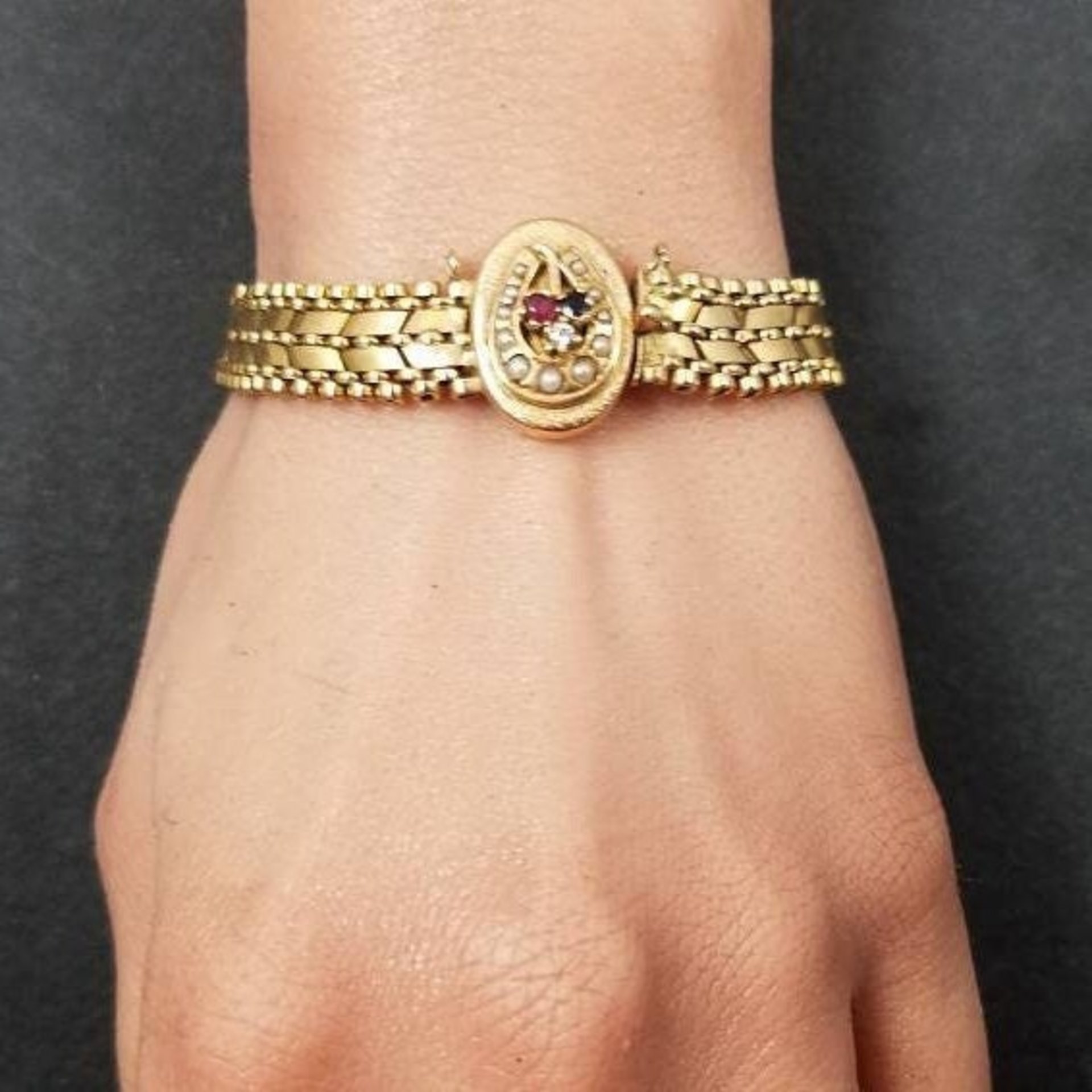Antique 14K Sapphire Ruby Seed Pearl Bracelet