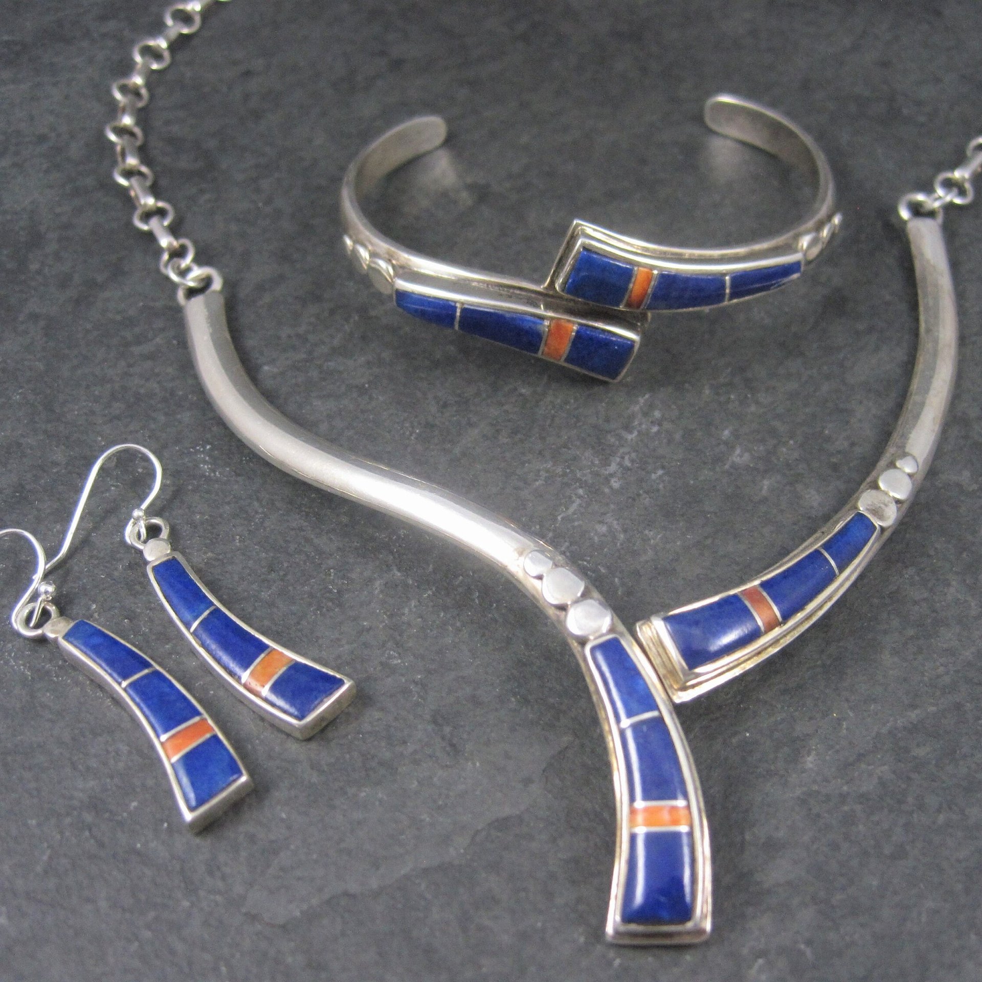 Vintage Southwestern Lapis Coral Inlay Jewelry Set Necklace Cuff Bracelet and Earrings