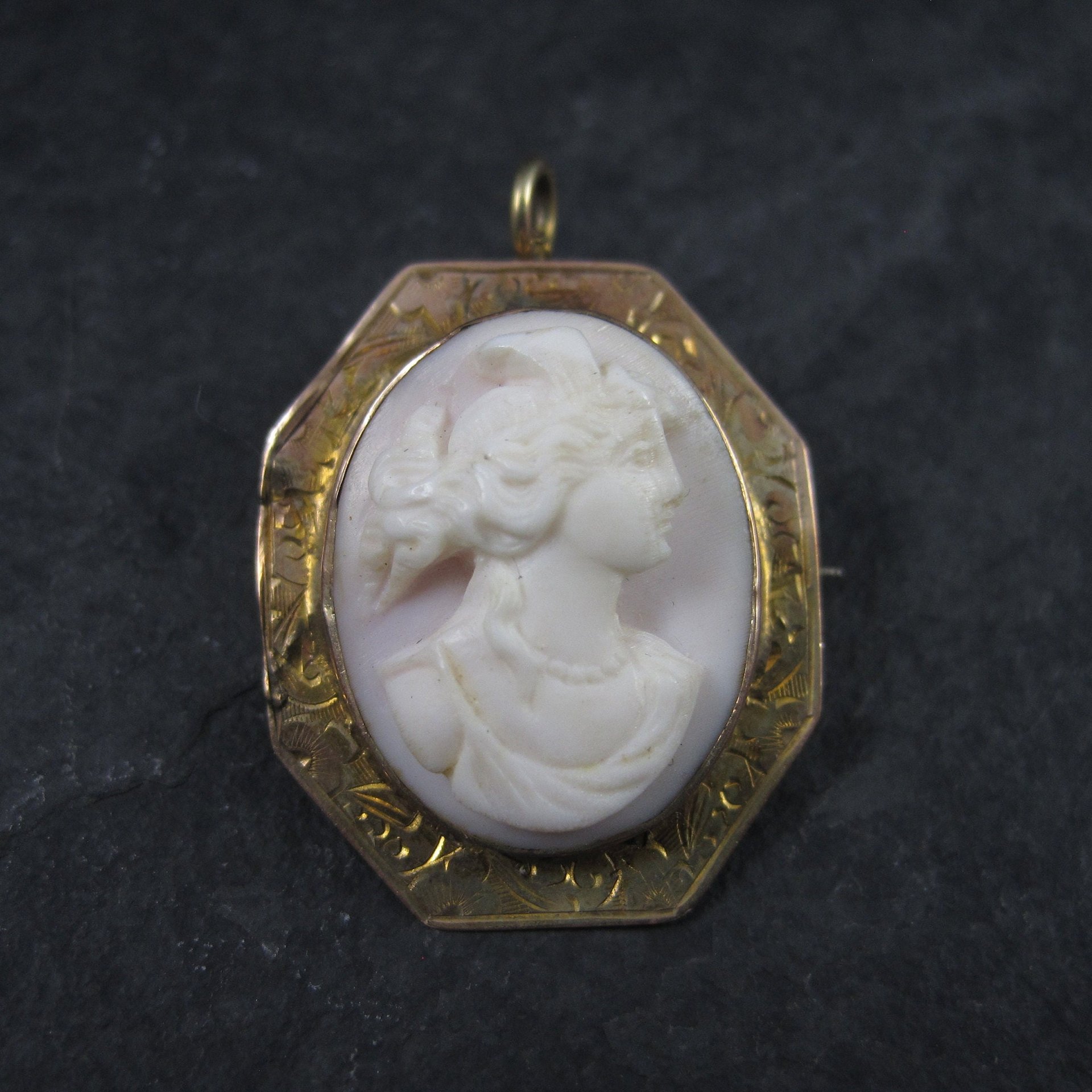 Antique 10K Carved Pink Cameo Brooch Pendant