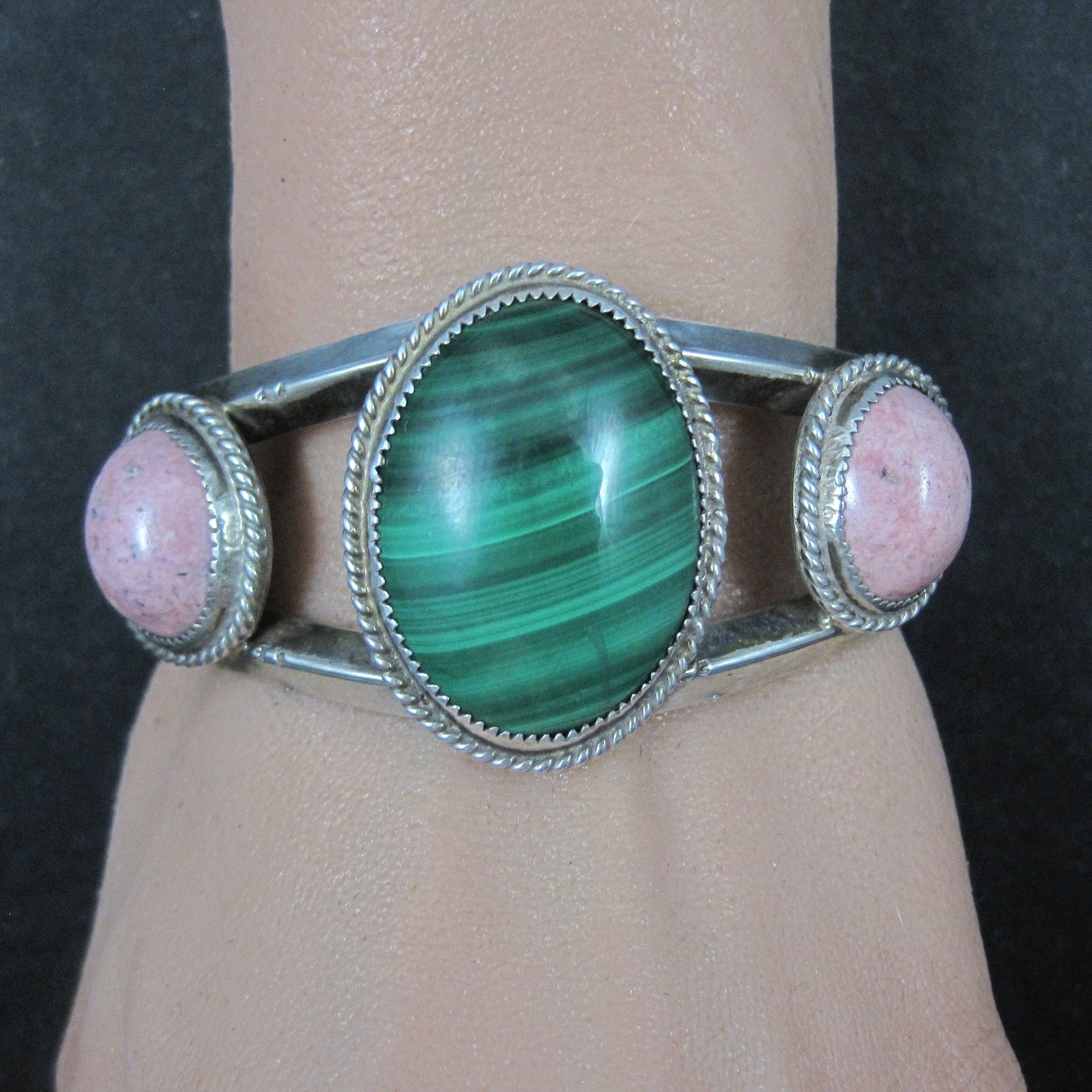 Heavy Southwestern Sterling Malachite Rhodonite Cuff Bracelet 6.25"