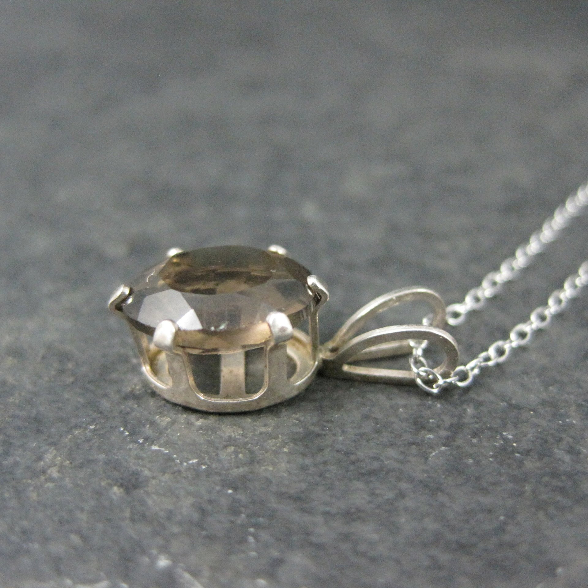 Vintage Sterling Smoky Quartz Solitaire Pendant Necklace