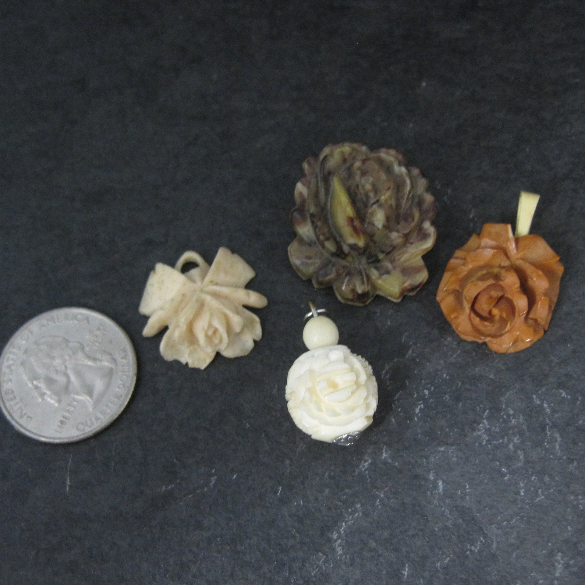 Lot of 4 Vintage Carved Flower Pendants Charms Brooch