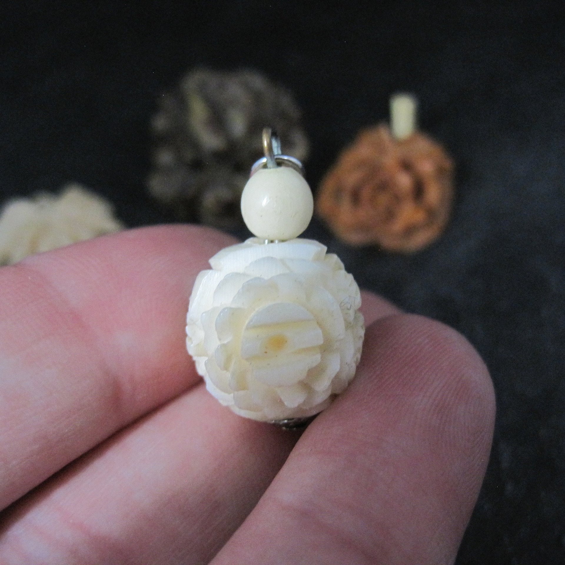 Lot of 4 Vintage Carved Flower Pendants Charms Brooch