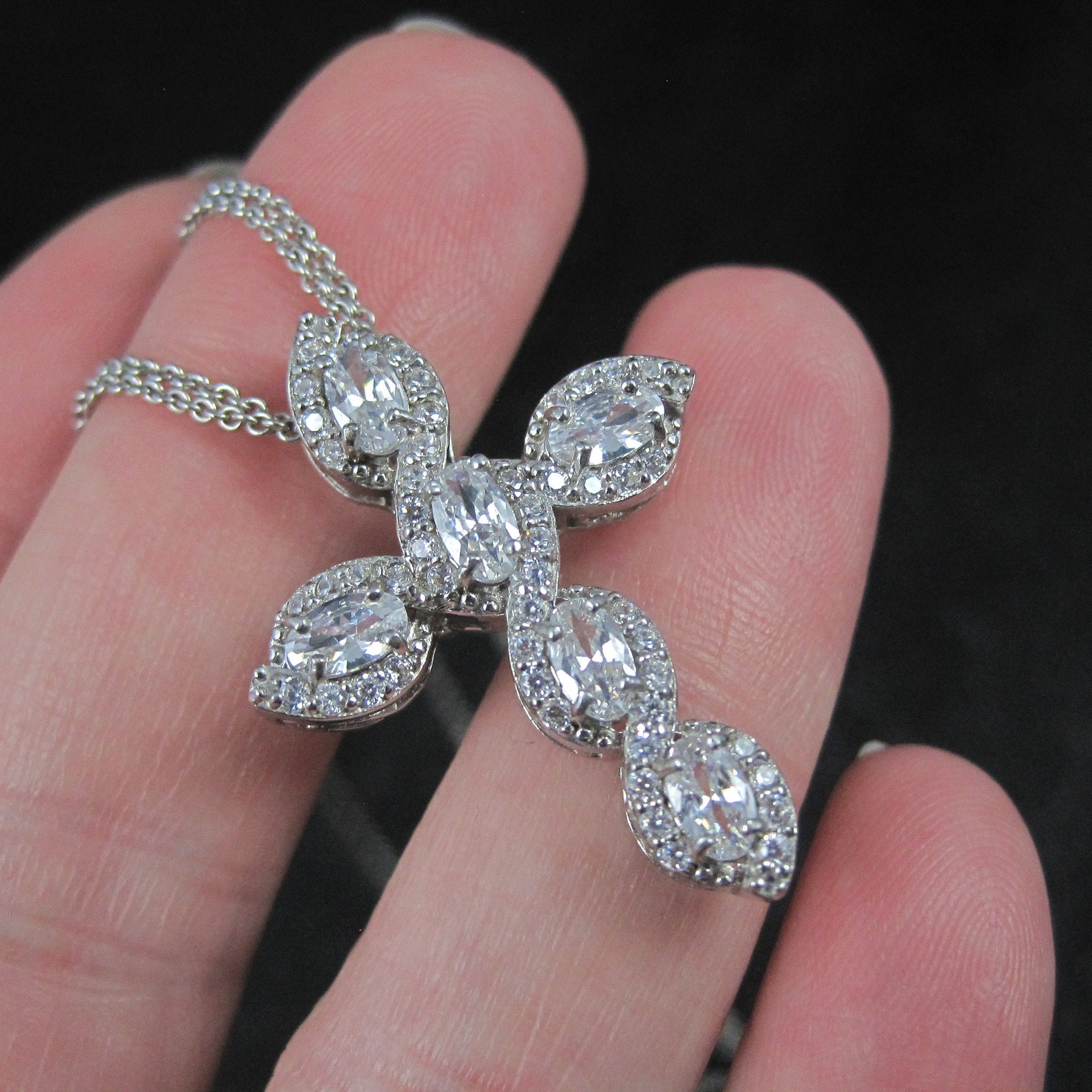 Estate Sterling Cz Cross Pendant Necklace