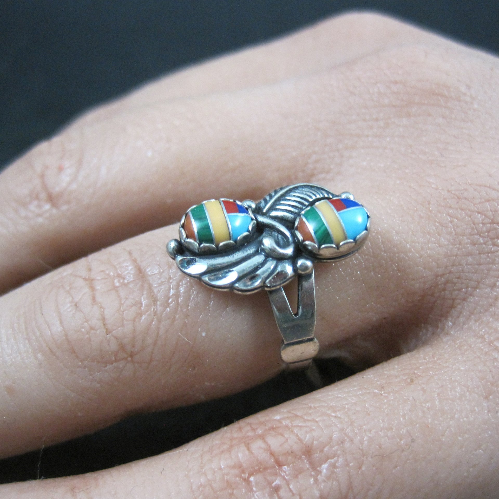 Southwestern Sterling Inlay Feather Ring Size 6 NOS