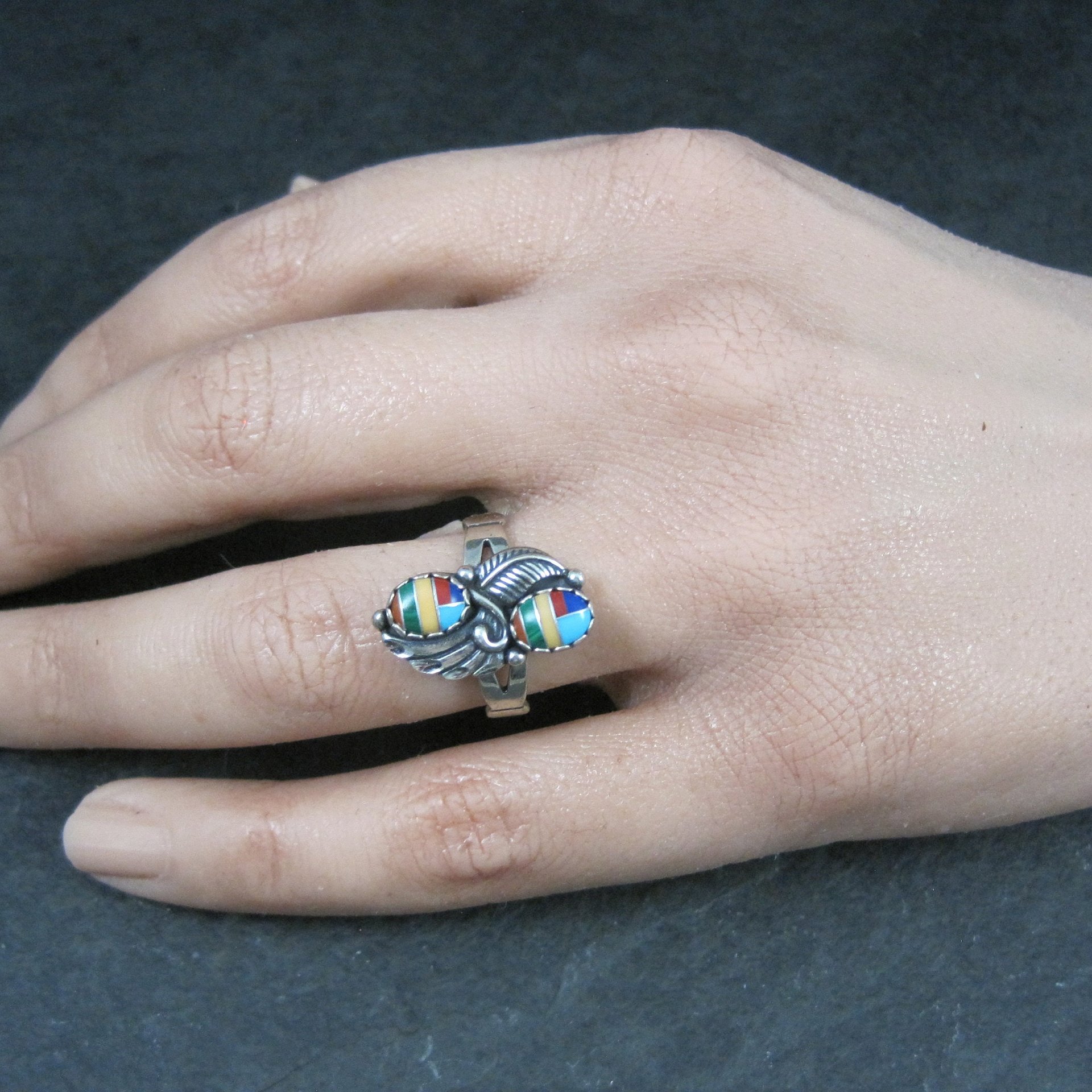 Southwestern Sterling Inlay Feather Ring Size 6 NOS
