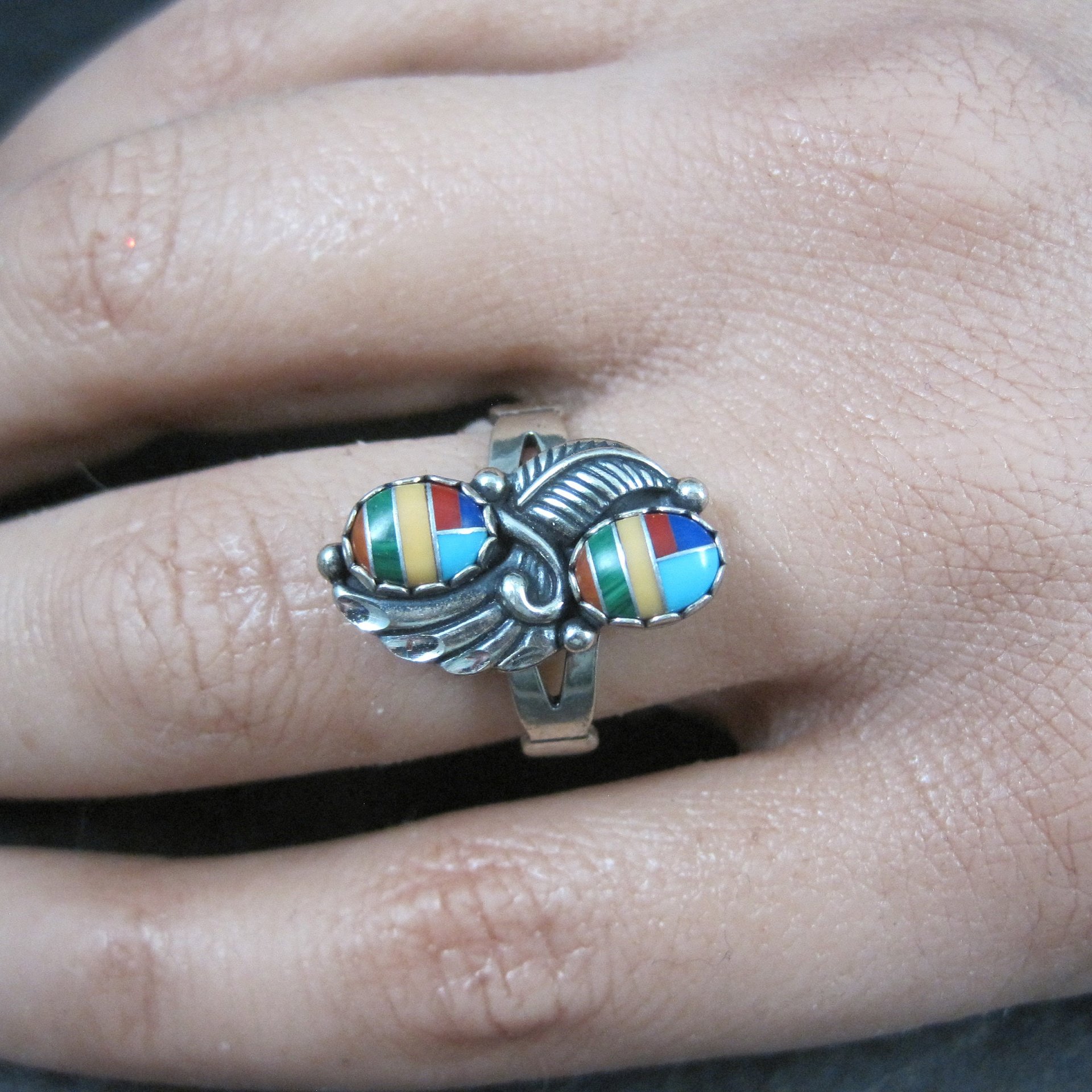 Southwestern Sterling Inlay Feather Ring Size 6 NOS