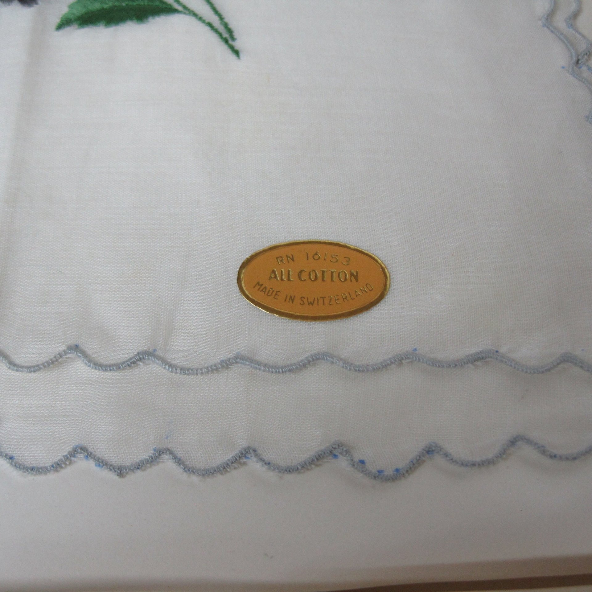 Vintage Swiss Embroidered Gray Flower handkerchief 15x15"