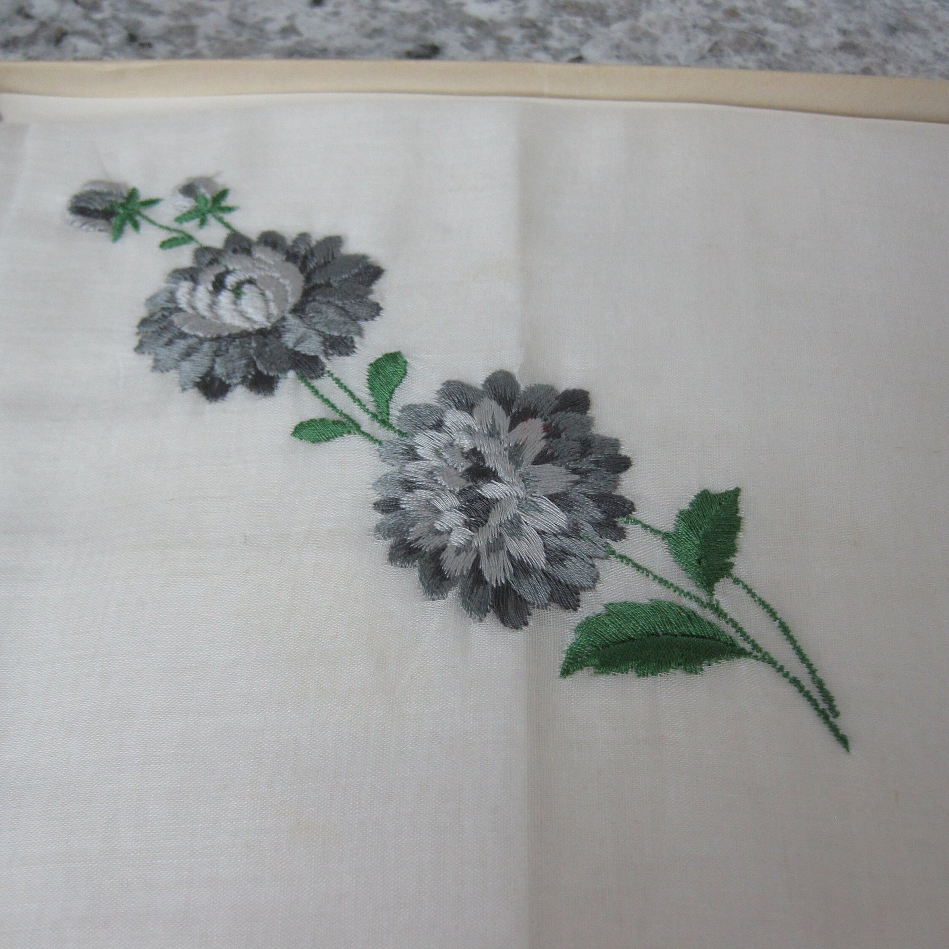 Vintage Swiss Embroidered Gray Flower handkerchief 15x15"