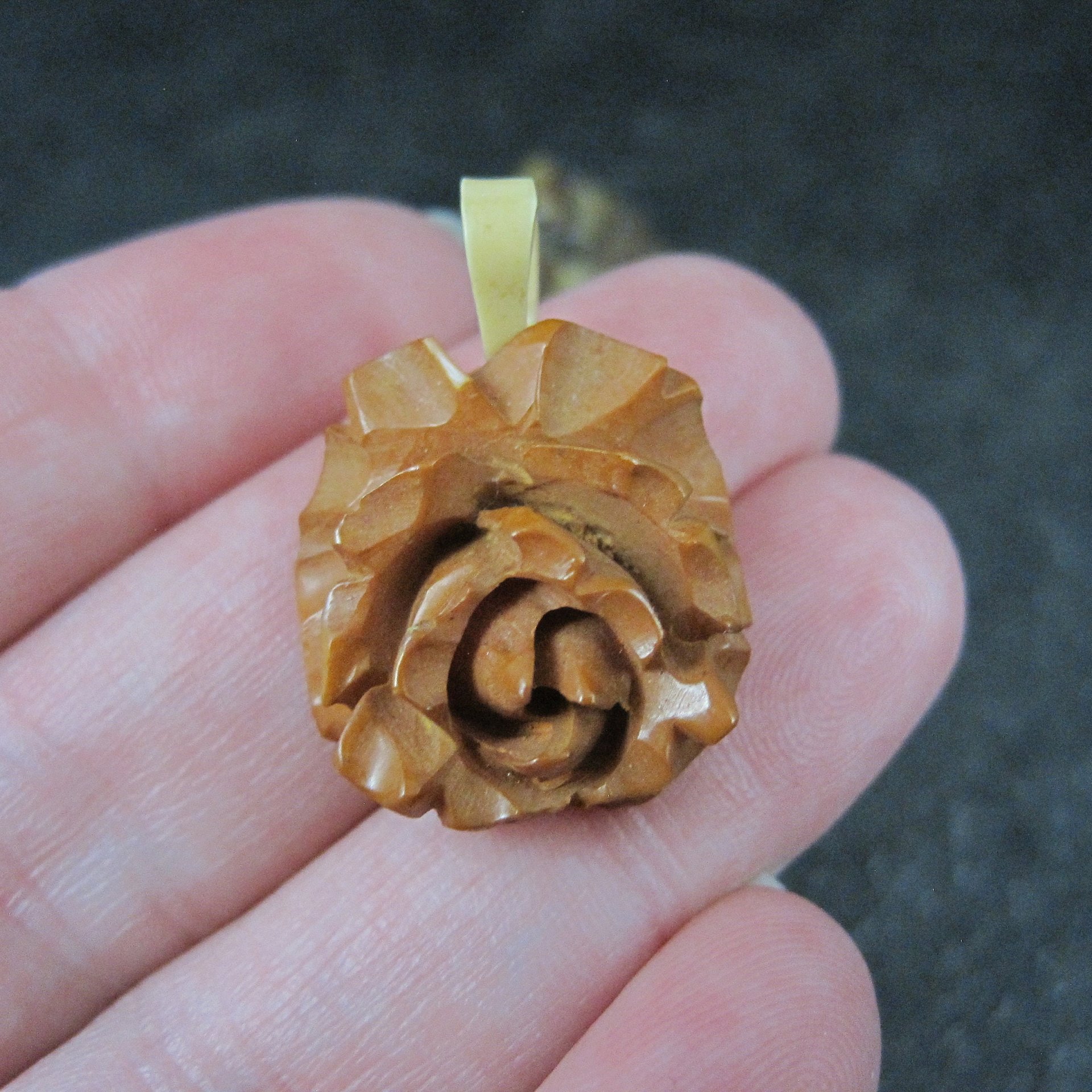 Lot of 4 Vintage Carved Flower Pendants Charms Brooch