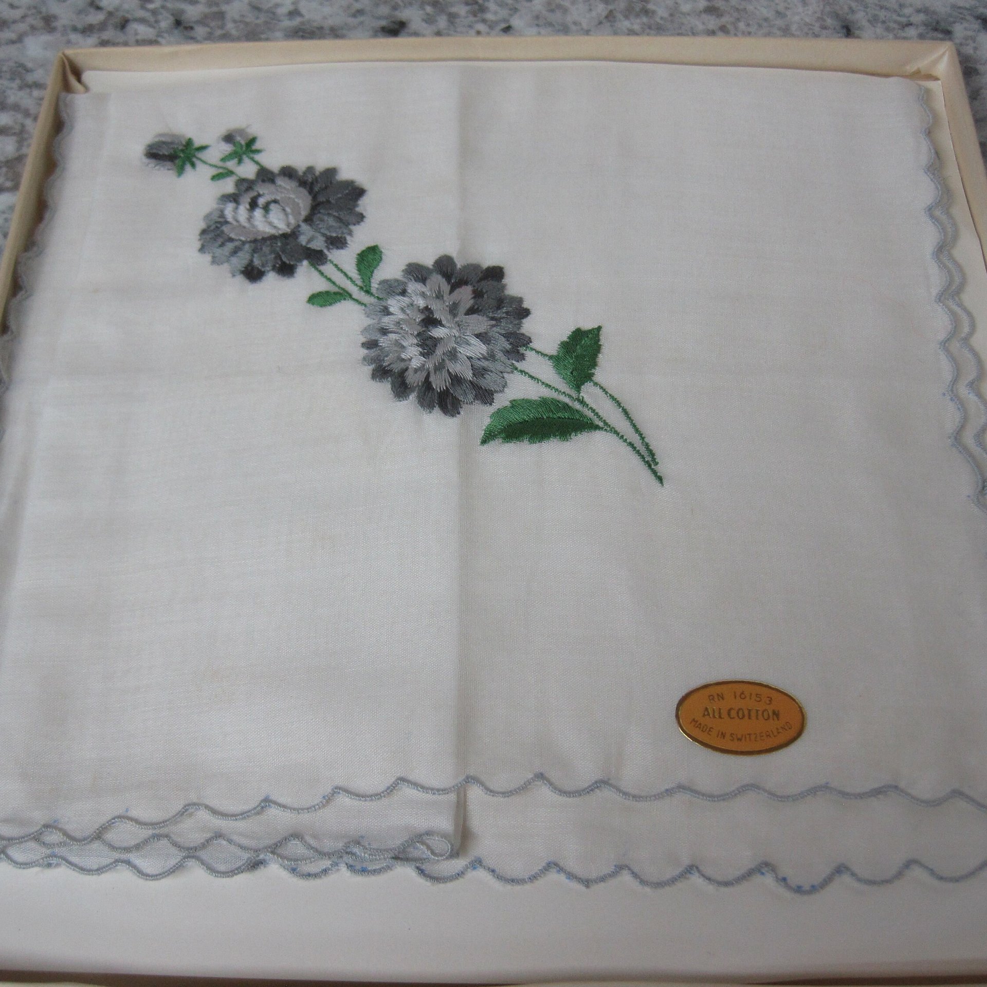 Vintage Swiss Embroidered Gray Flower handkerchief 15x15"
