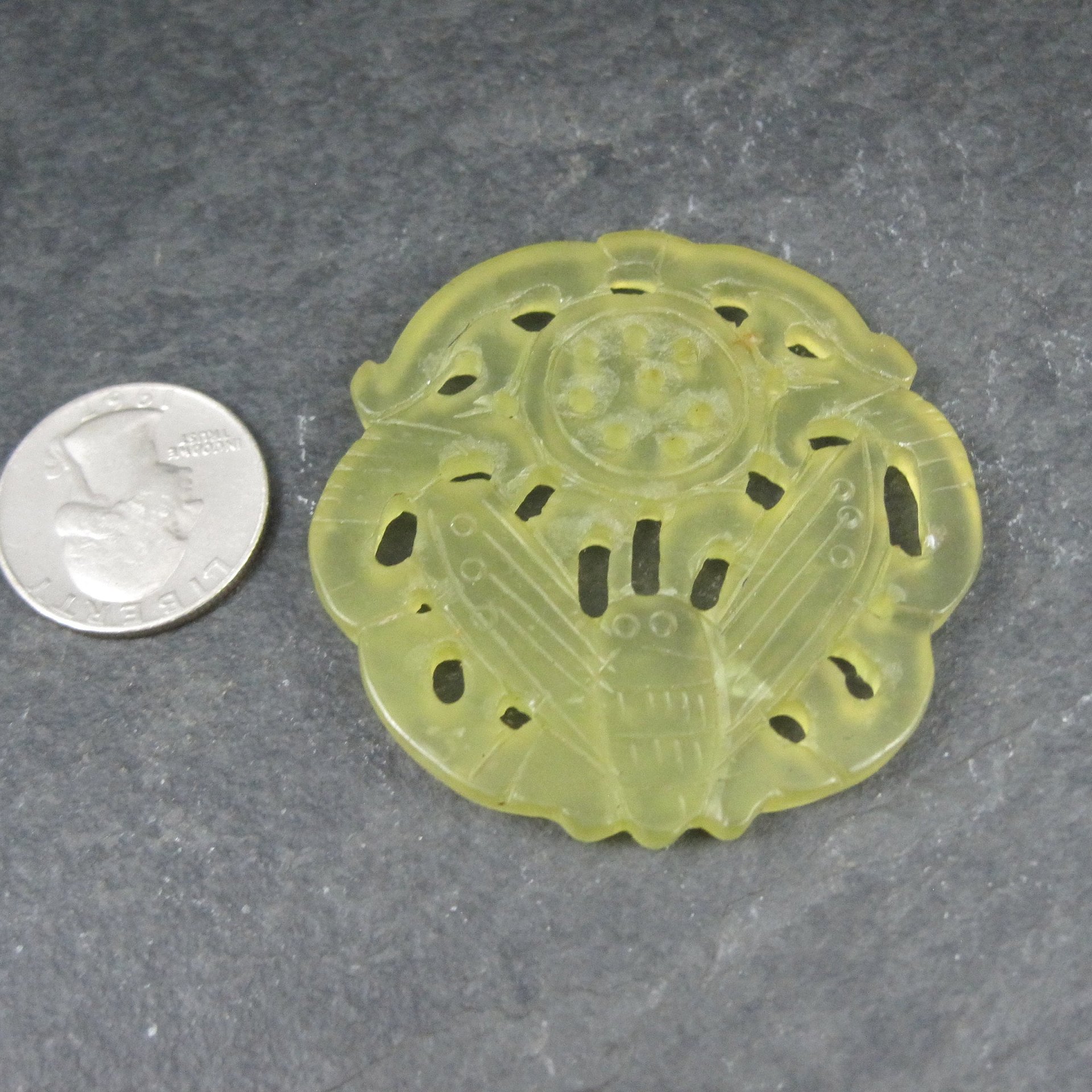 Vintage Carved Translucent Jadeite Moth Pendant Medallion
