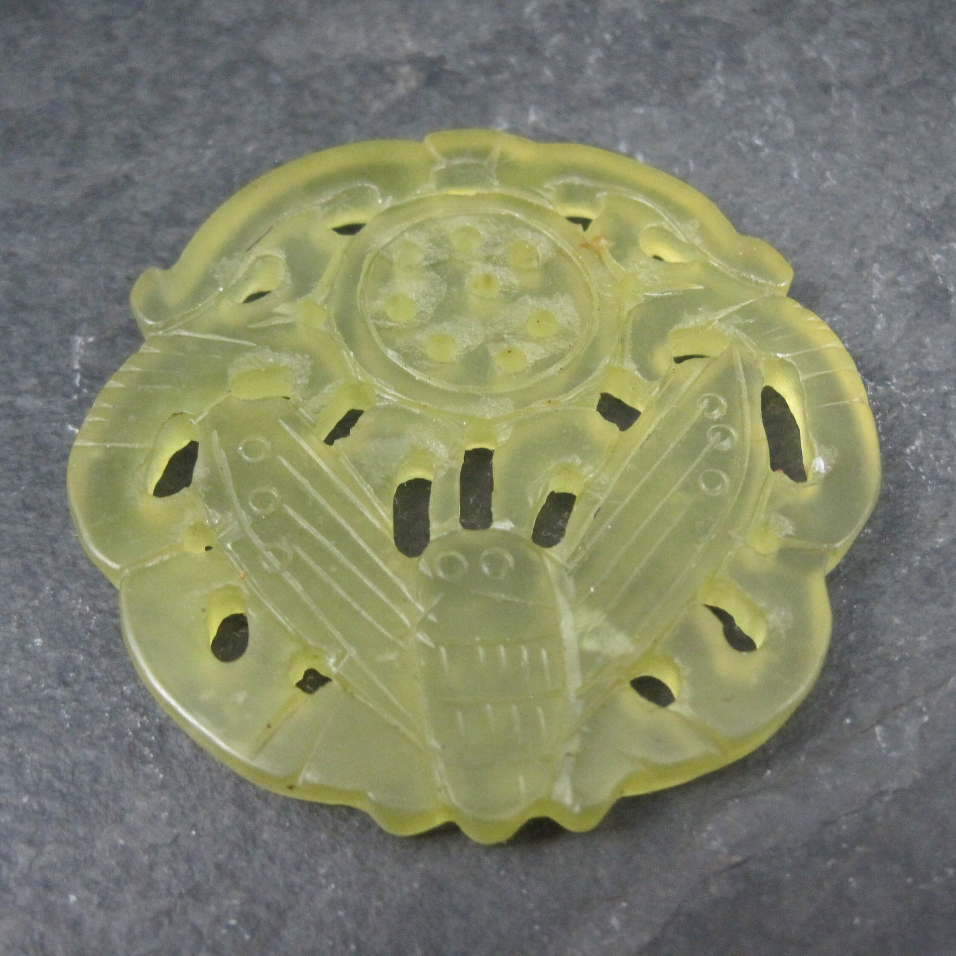 Vintage Carved Translucent Jadeite Moth Pendant Medallion