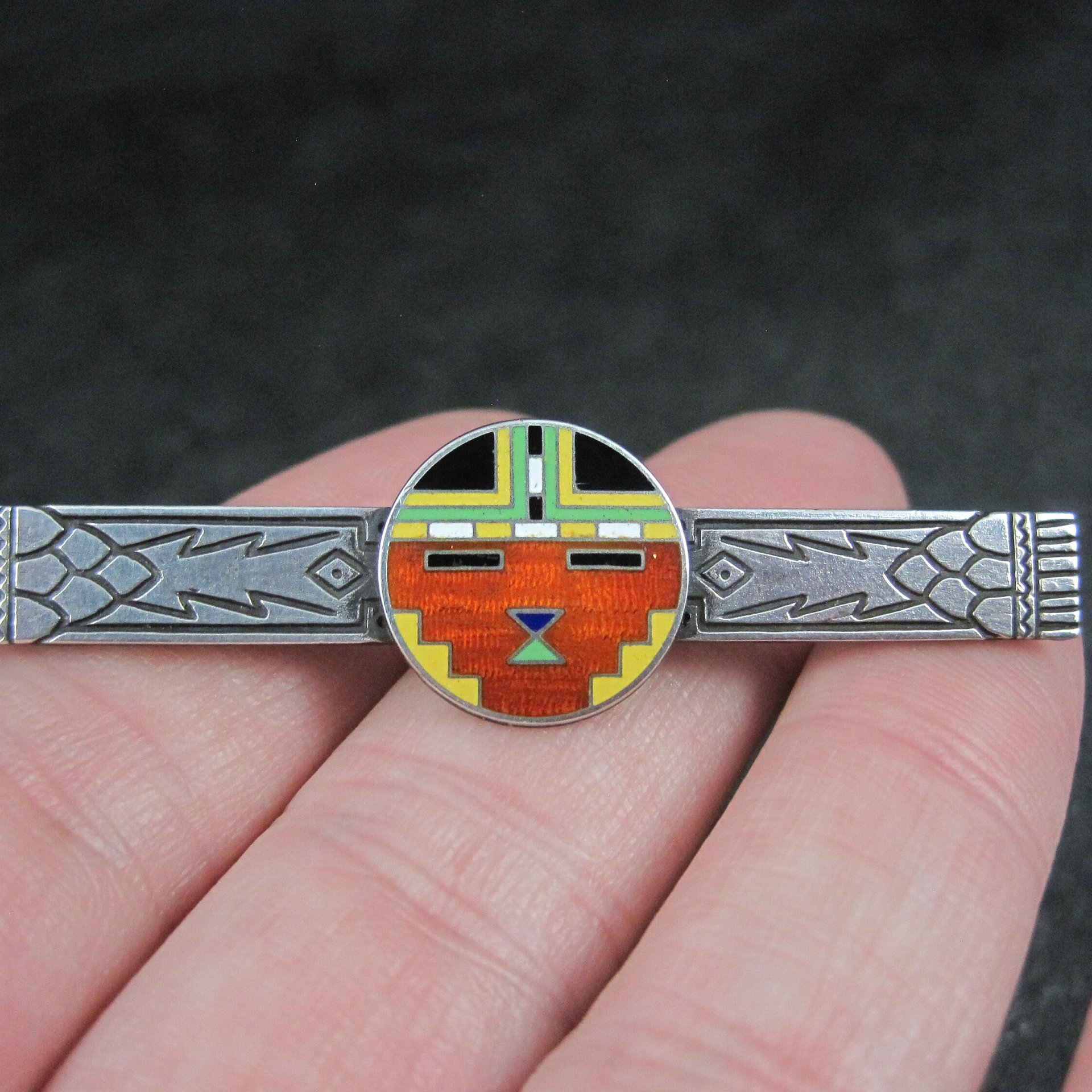 Art Deco Enamel Inlay Katchina Bar Pin Brooch Sterling Silver C Clasp
