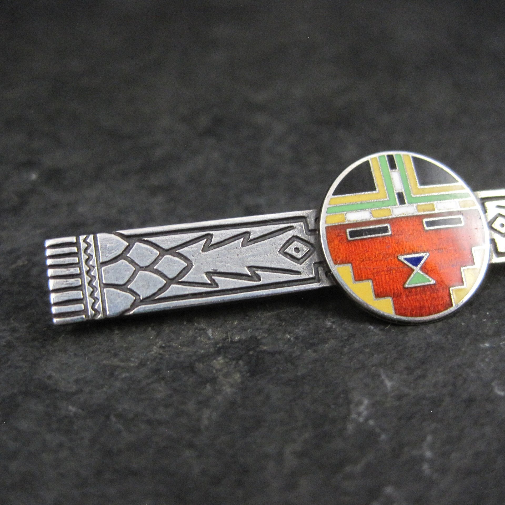 Art Deco Enamel Inlay Katchina Bar Pin Brooch Sterling Silver C Clasp
