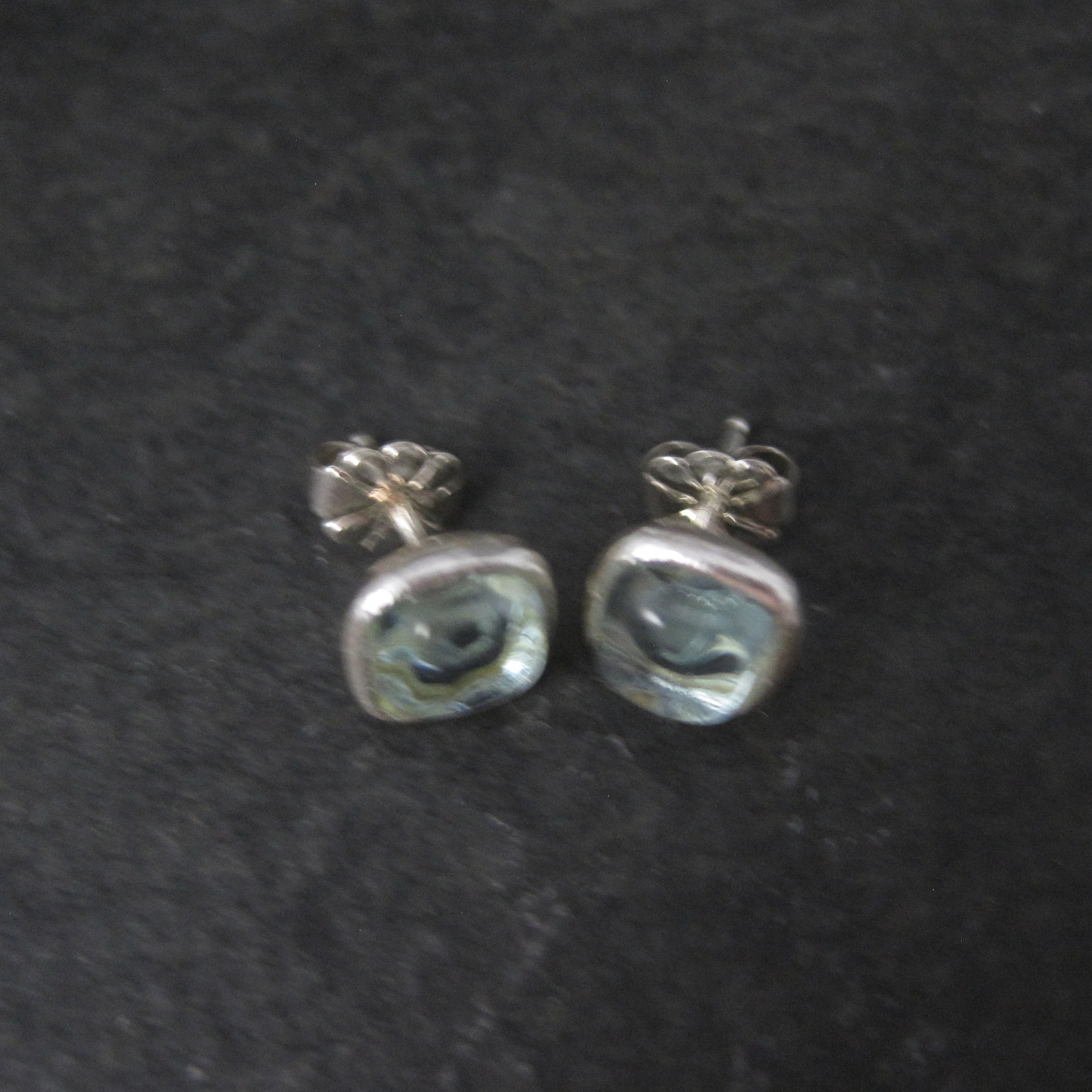 Estate Sterling Carved Blue Art Glass Stud Earrings