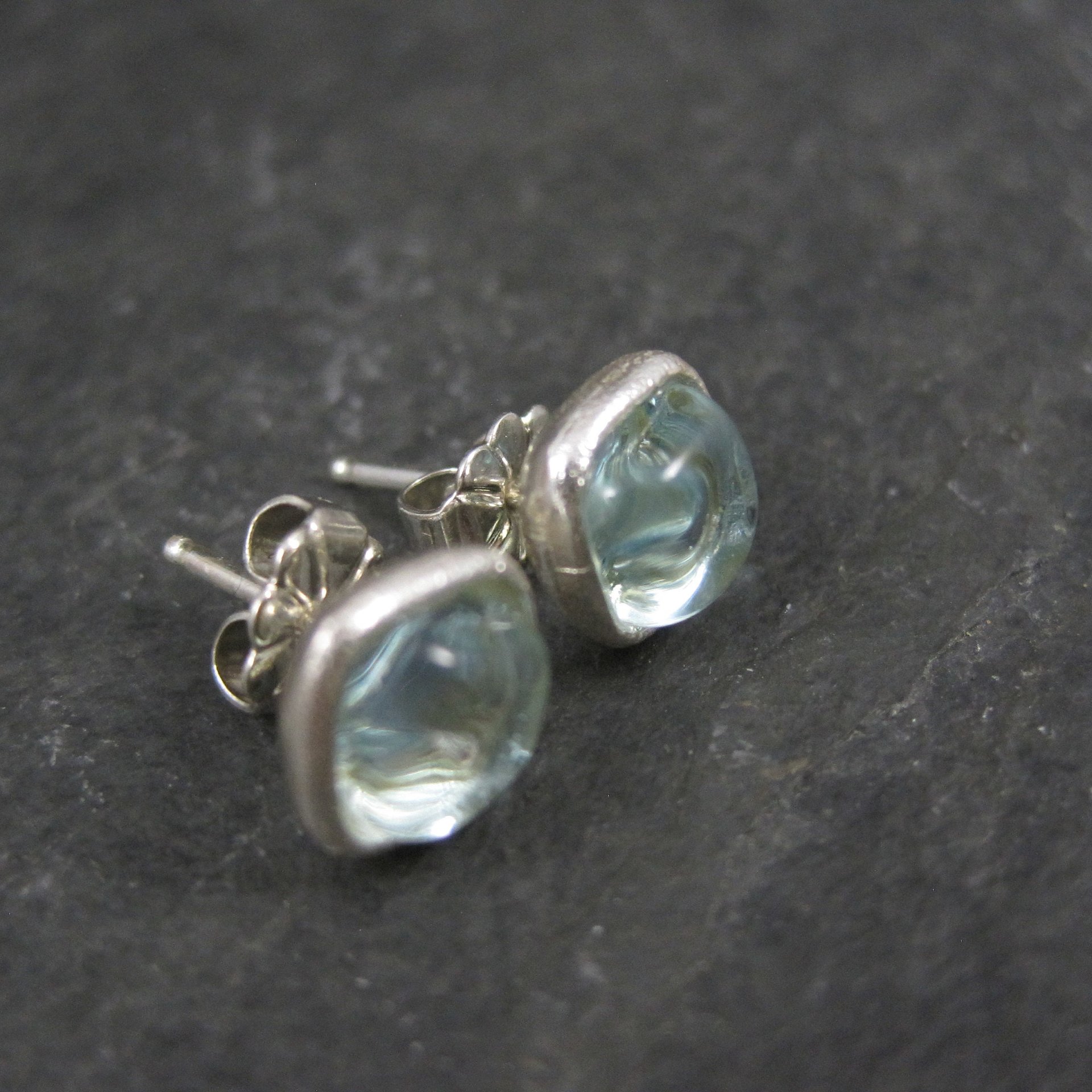 Estate Sterling Carved Blue Art Glass Stud Earrings
