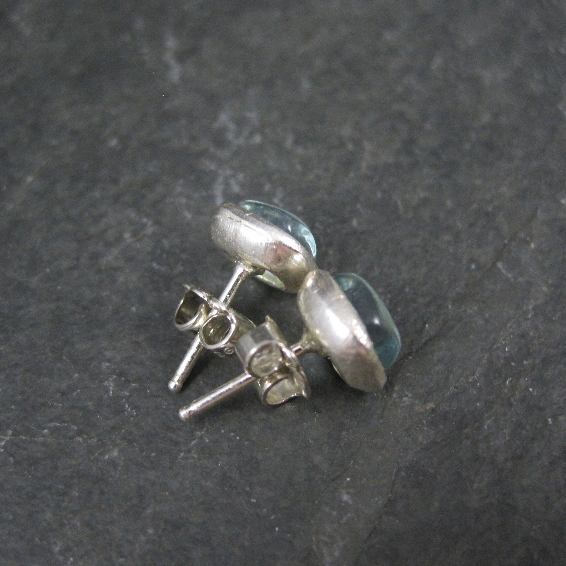 Estate Sterling Carved Blue Art Glass Stud Earrings