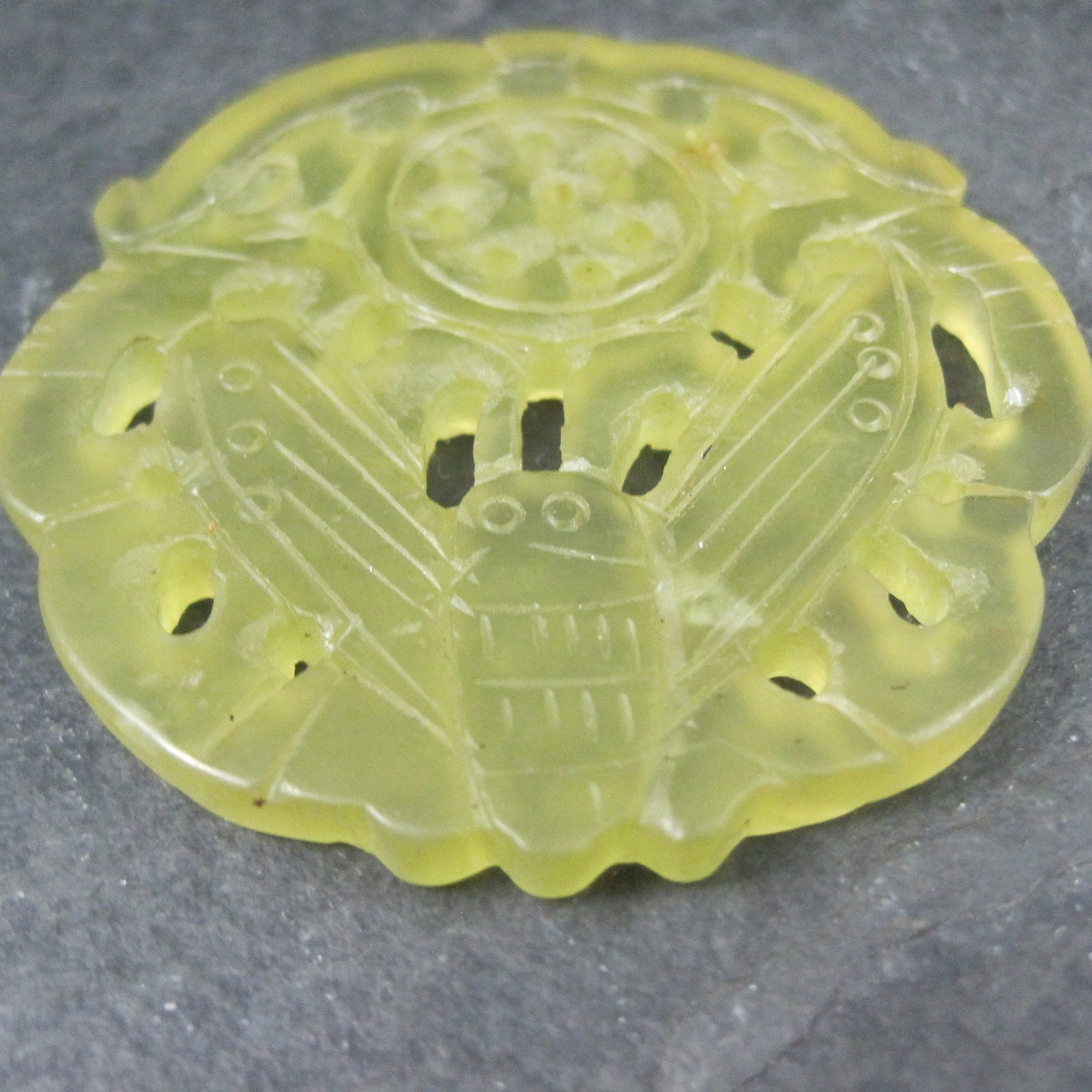 Vintage Carved Translucent Jadeite Moth Pendant Medallion