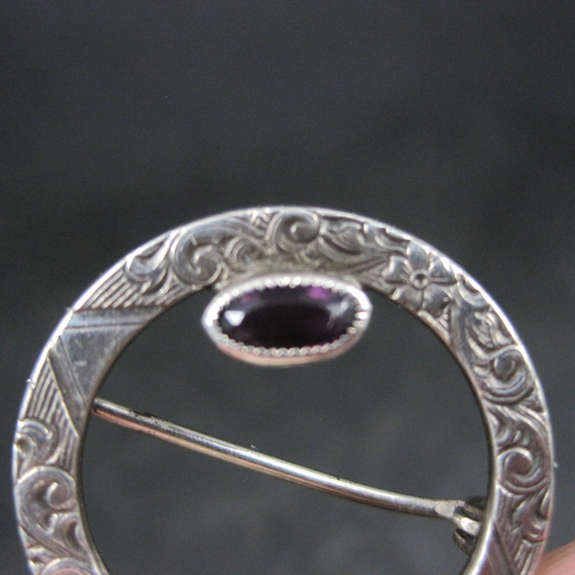Sterling Antique Enamel Violet and Amethyst Circle Brooch C Clasp